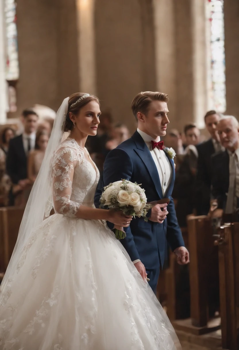 Captain America, holding a bouquet, walked down the aisle in a church wedding, happy, with guests including all the members of the avenger
