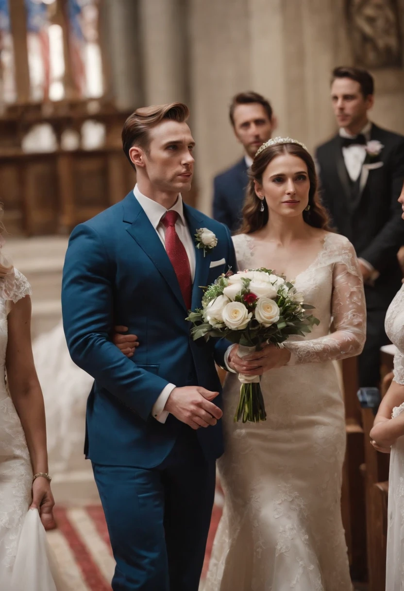 Captain America, holding a bouquet, walked down the aisle in a church wedding, happy, with guests including all the members of the avenger
