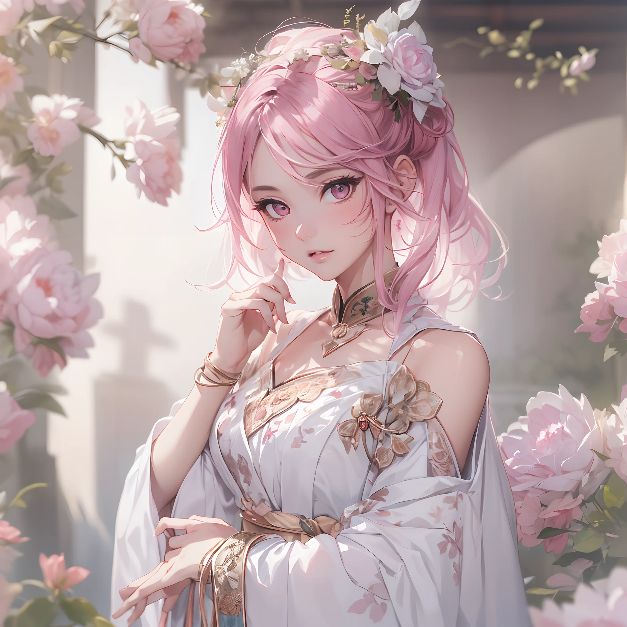 (tmasterpiece, top-quality, Ultra-detailed:1.3),1girll,(18 years old),(perfect anatomia)，Cool outfit，Hanfu，A pink-haired，White background，ogle，photography of，Look to the lens，Bandeau，lacepantyhose，perfectly proportions