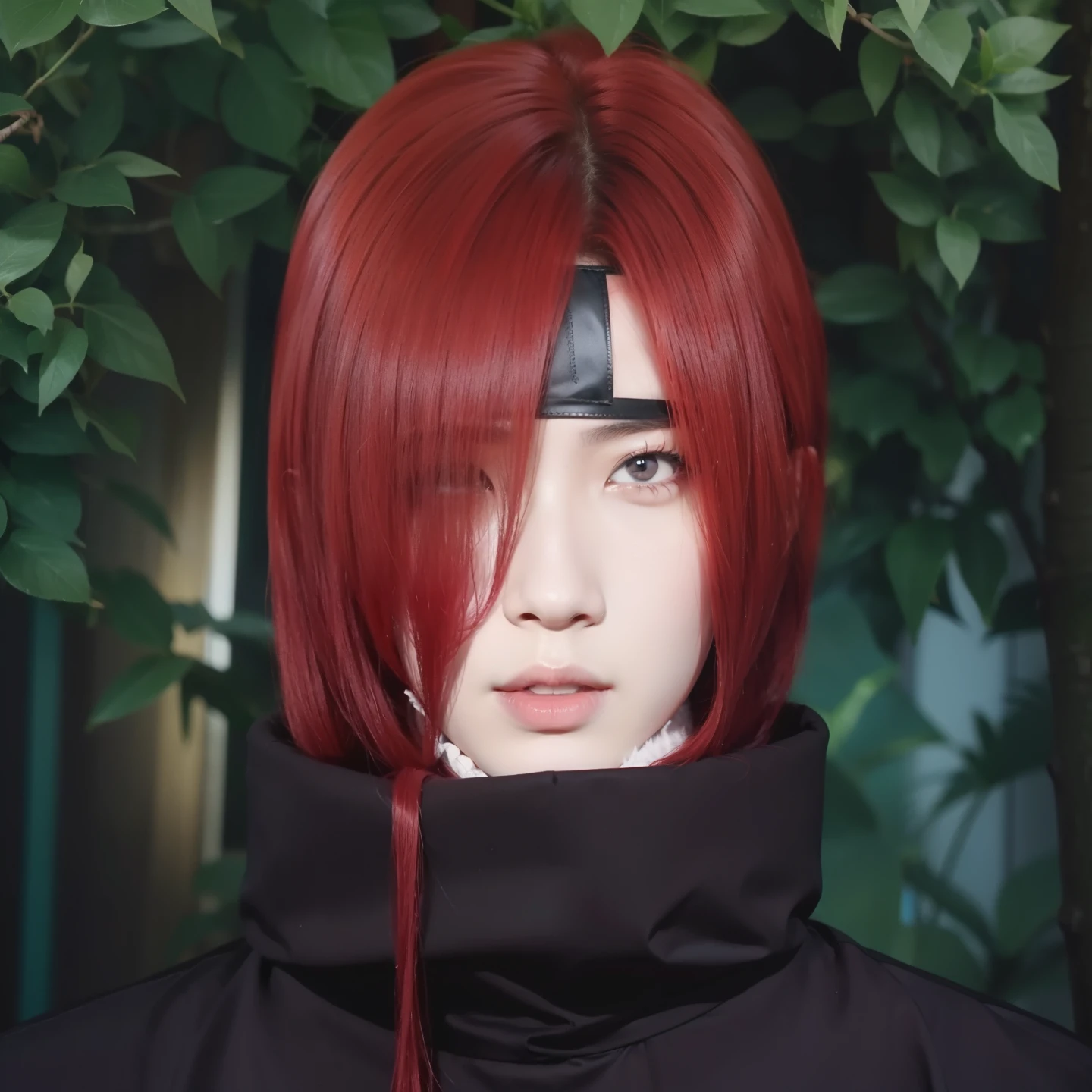 Real life adaption of this character , Korean handsome man,realistic red hairstyle,realistic same outfit ,hyper realistic,realism,realistic light,realistic shadow(photorealistic:1.2),black headband