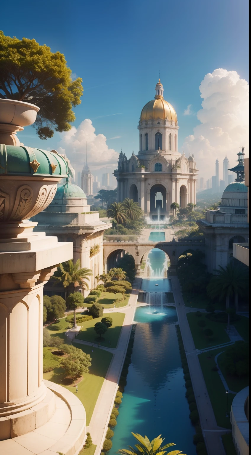 (grande cidade da antiga babilonia), com o castelo do rei, famoso jardins suspensos da babilonia, vista de toda cida antiga, oasis, Fountain and waters, ruas bem divididas, bem planejada, Gold details in the buildings, durante o dia, great quality, 8k
