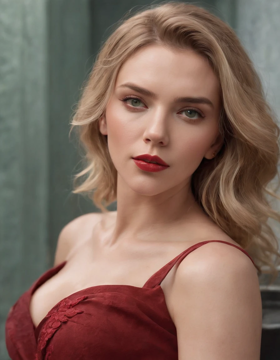 An image of Scarlett Johansson sitting on the floor of a photo studio, WITH YOUR BACK TO THE CAMERA. She is wearing a black lace bra and matching thong. Su cuerpo es voluptuoso tiene enormes pescho. Your hair is loose and falls over your shoulders. She's flipping to the camera, con una mirada seductora. El fondo es negro, con un foco en Scarlett Johansson.