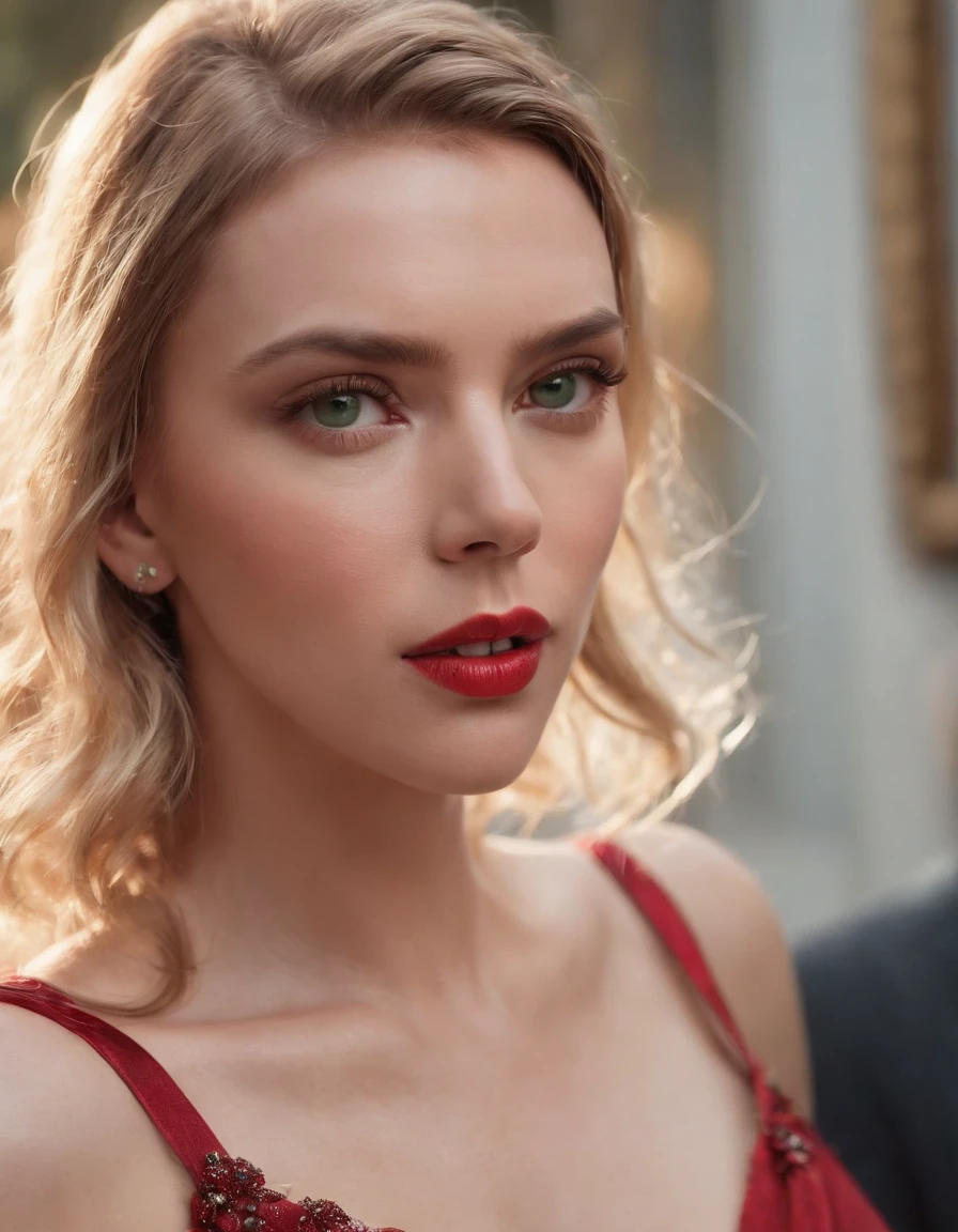 (Scarlett Johansson) photo of a stunning beautiful woman in the cover of a fashion magazine, long messy windy blonde hair, green eyes, (magazine style:1.3), modelshoot style, (extremely detailed CG unity 8k wallpaper), photo of the most beautiful artwork in the world, professional majestic oil painting by Ed Blinkey, Atey Ghailan, Studio Ghibli, by Jeremy Mann, Greg Manchess, Antonio Moro, trending on ArtStation, trending on CGSociety, Intricate, High Detail, Sharp focus, dramatic, photorealistic painting art by midjourney and greg rutkowski, (sexy shiny red dress:1.1), (looking at viewer), (detailed pupils:1.3), (modern outfit:1.2), (closeup), red lips, (earrings), (fashion magazine logo), (magazine text), (magazine title:1.1)