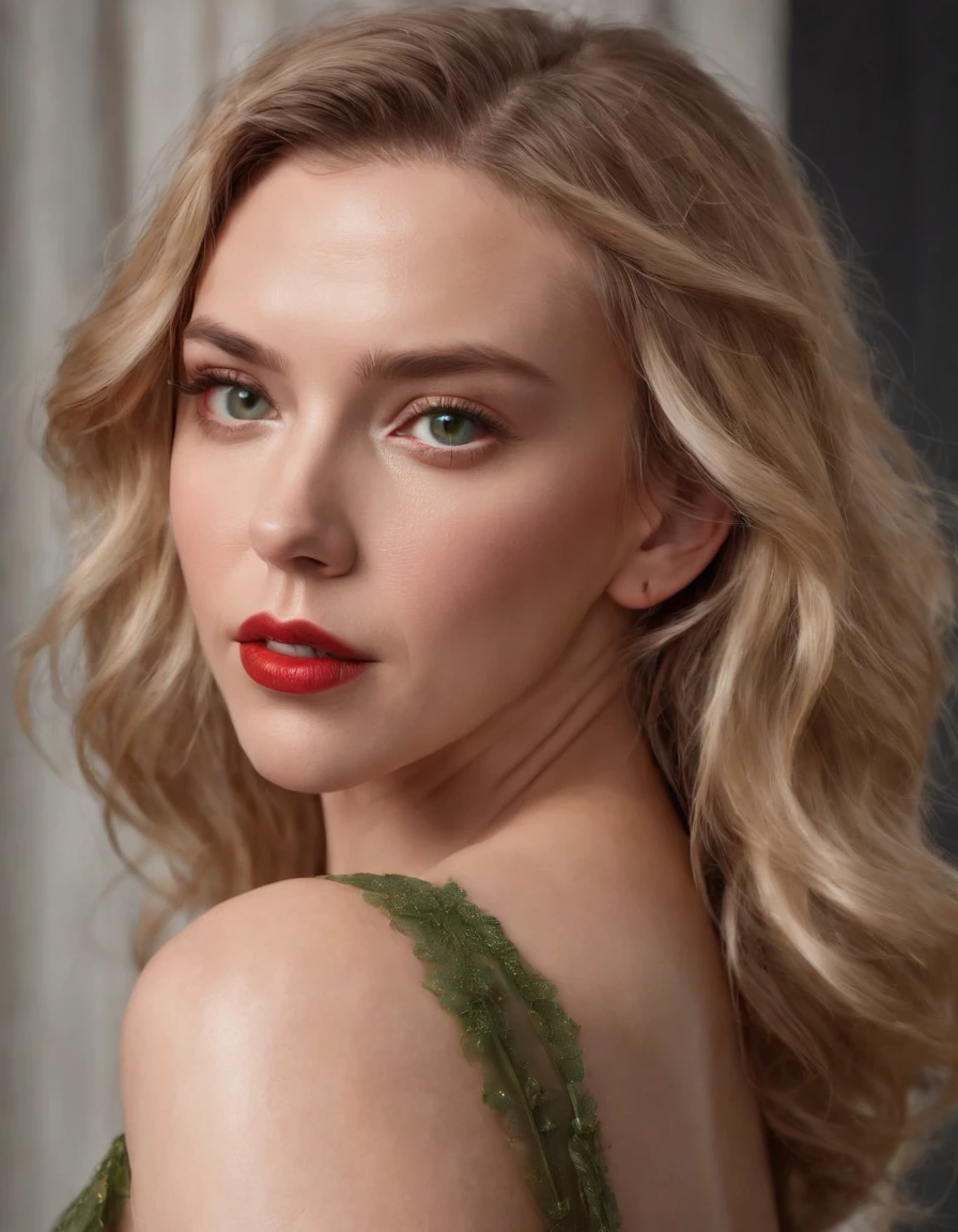 (Scarlett Johansson) photo of a stunning beautiful woman in the cover of a fashion magazine, long messy windy blonde hair, green eyes, (magazine style:1.3), modelshoot style, (extremely detailed CG unity 8k wallpaper), photo of the most beautiful artwork in the world, professional majestic oil painting by Ed Blinkey, Atey Ghailan, Studio Ghibli, by Jeremy Mann, Greg Manchess, Antonio Moro, trending on ArtStation, trending on CGSociety, Intricate, High Detail, Sharp focus, dramatic, photorealistic painting art by midjourney and greg rutkowski, (sexy shiny red dress:1.1), (looking at viewer), (detailed pupils:1.3), (modern outfit:1.2), (closeup), red lips, (earrings), (fashion magazine logo), (magazine text), (magazine title:1.1)