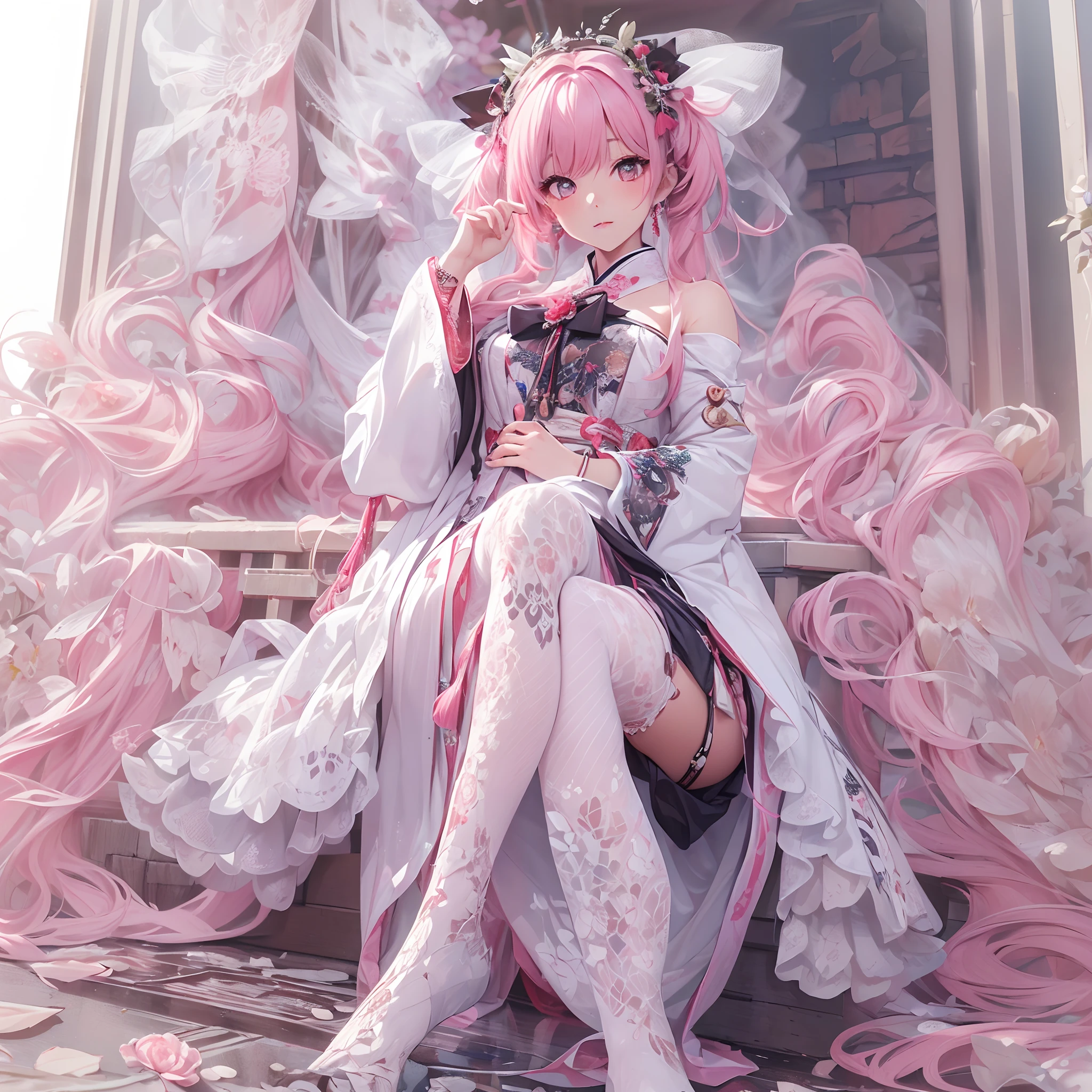 the bride,Full body in camera,full bodyesbian,(tmasterpiece),(best qualtiy),(A pink-haired,long whitr hair:2,White flower decoration,White hairpin),(lacepantyhose,White panty hose,stocklings,Full body pantyhose),(white wedding gown,Wedding dress),(panties are visible:1.5,Pink panties),pink necktie,cherry blossoms print,Holding a bouquet of flowers in both hands,white long gloves,Cross pendant necklace,(cuteexpression,ssmile,Playful),heart - shaped pupils,The eyes show love,Loving eyes,(Be red in the face,putting makeup on, Blushlush),(White high heels,Pink cherry blossom decoration),Dimly lit church,Faint candlelight,Dim candlelight,SakuraNS, the night,have to pee,Pee,pissing,Pee yourself,Top lighting,16k,High- sharpness,high qulity,wide wide shot,Bright colors