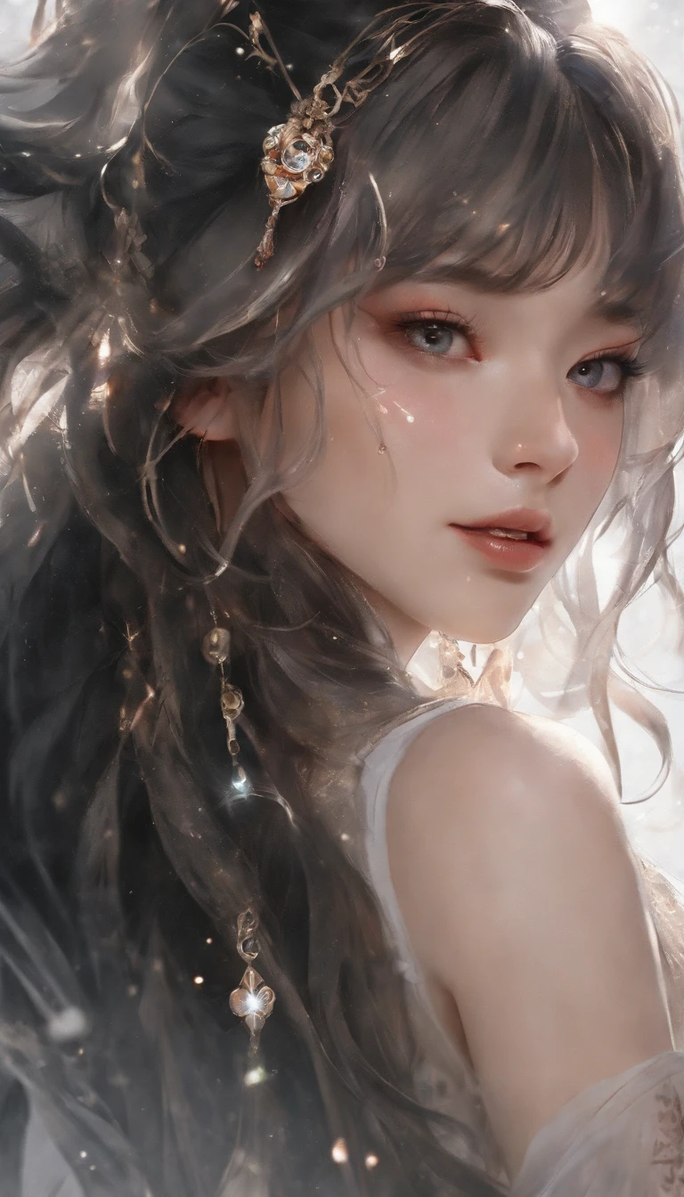 masterpiece, a beautiful Girl , Sailor Moon style , wearing laser transparent pvc texture clothing , prism , melancholy expression, beautiful eyes , brilliance , jewelry , portrait , game original painting , anime character concept design , beautiful face , sacred, long transparent iridescent GB hair, reflections transparent iridescent colors on her hair, highly detailed, gorgeous sacred girl, beautiful light on black background