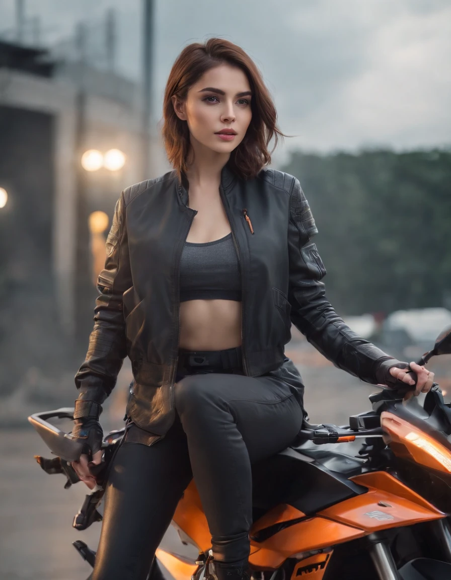 Beautiful woman medium hair, wearing cap, cyberpunk style short clothesBeautiful woman medium hair, wearing cap, cyberpunk style short clothes,Highly cohesive 1girl,He has a delicate and beautiful face,There are tattoos on the arms,wearing a mech helmet,Hold the direction controller,(((Ride on a KTM motorcycle))),The background is the high-tech lighting field of the future city