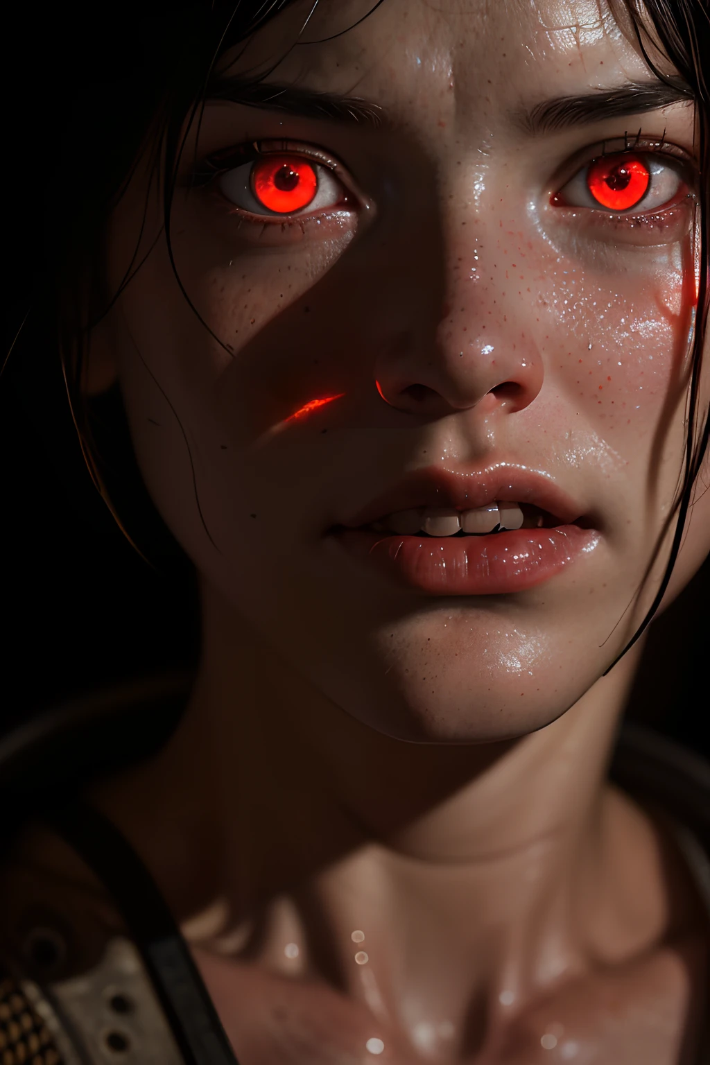 Movie, ((Face close up)), best quality, clear graphics, torch light, (The detail is clear to every hair on the face), 1girl, demonic, evil, nsfw, sexy woman, eye depth, (brother moons), (dead space) ,science fiction, (beautiful glowing red eyes), photo realistic, 20 megapixel, nikon d850, ((vibrant, photo realistic, realistic, dramatic, sharp focus, 8k)), (faded freckles:0.6), subsurface scattering, sharp, retouched, intricate detail, by Greg Rutkowski, by (Jeremy Lipking,:0.8), ((junji ito)), by ralph bakshi,((Silent Hill)), H.R. Giger, Beksinski