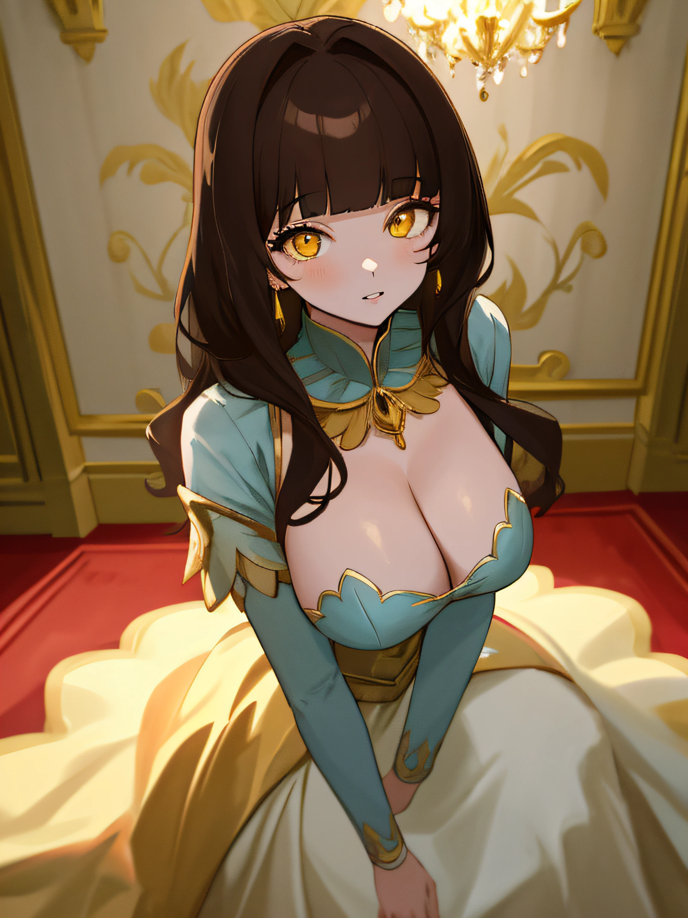 (masterpiece, best quality, absurdres, very detailed eyes), 1girl, solo, solofocus, large breasts, brown hair, long hair, blunt bangs, yellow eyes, closeup, teenager, indoors, red carpet, chandelier, light blue princess gown, paparazzi, studio lights, royalty, gilded painting