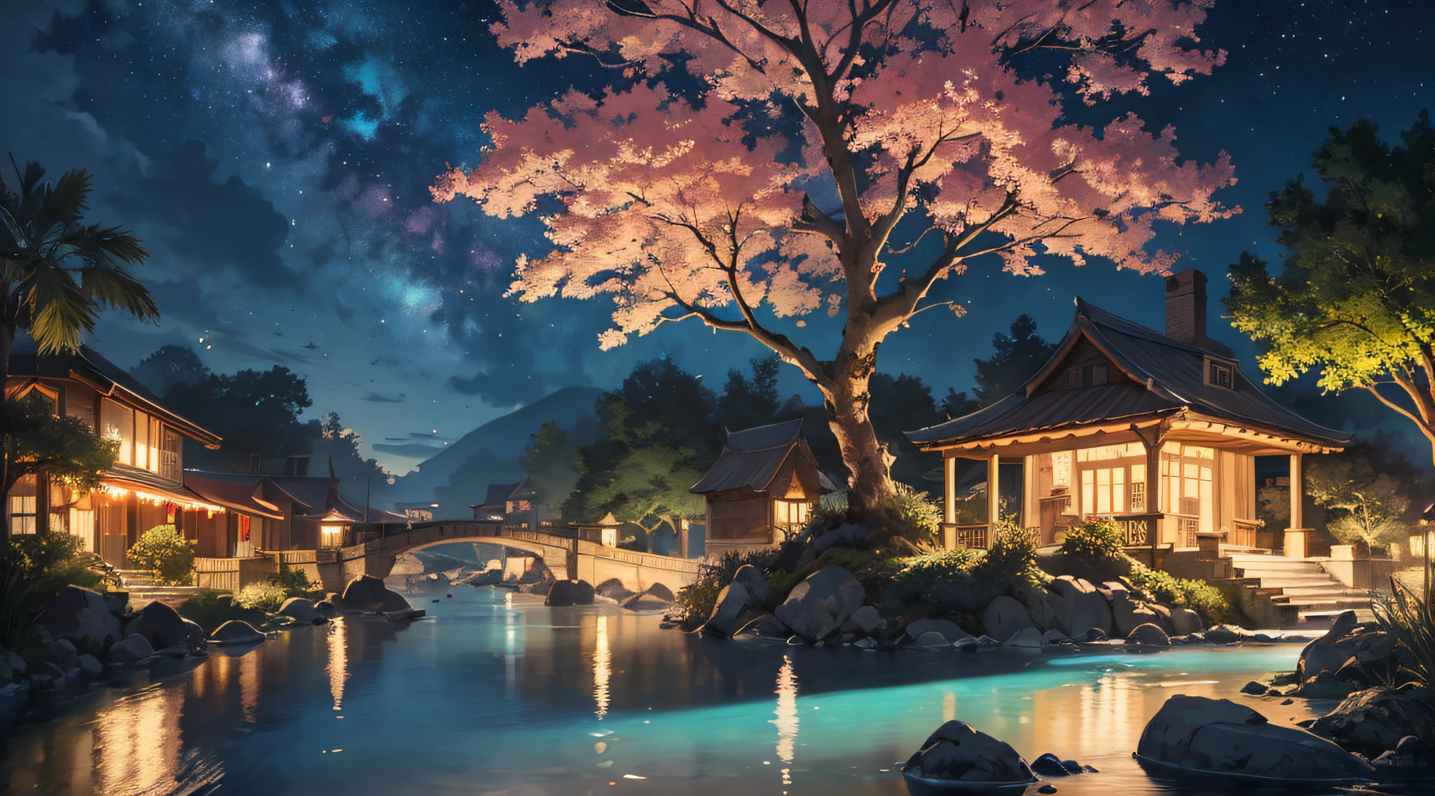 (at night), Masterpiece, best quality, (very detailed CG unified wallpaper 8k) (best quality), (best illustration), (best shadow) Vivid colors, jungle, water, natural beauty, oasis of tranquility, cherry blossoms, super detailed, antique porcelain, jade, starry sky, , ray tracing, super detailed, masterpiece, best quality, ultra quality, absurd details, best light, best shadow, sharp, sharp picture, detailed, extremely detailed, high resolution, 8k, 4k, uhd, volumetric, bright sprite, (particle effects), (night) --v6