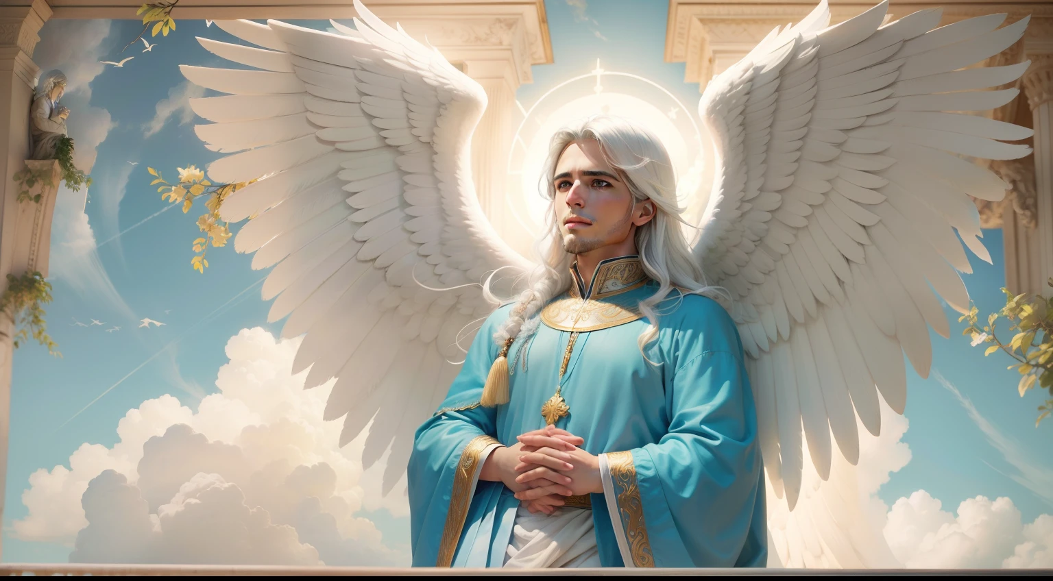 An angel with white hair and blue wings is praying, anjo biblicamente acuado, Retrato de um anjo bonito, cheio de pinturas de anjos, anjo bonito, de anjo lindo, majestoso homem de santo, finely detailed angelic face, angelic, anjo biblicamente preciso, angelic, anjo masculino bonito, KING of Heaven, biblical accurate angel, angelic features, sky and clouds