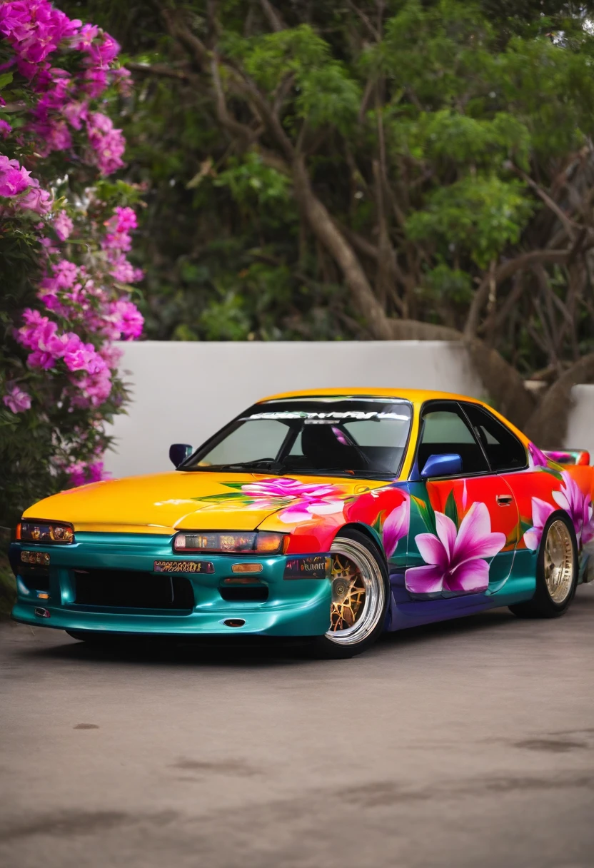 Nissan Silvia wrapped in plumeria decals on the side door