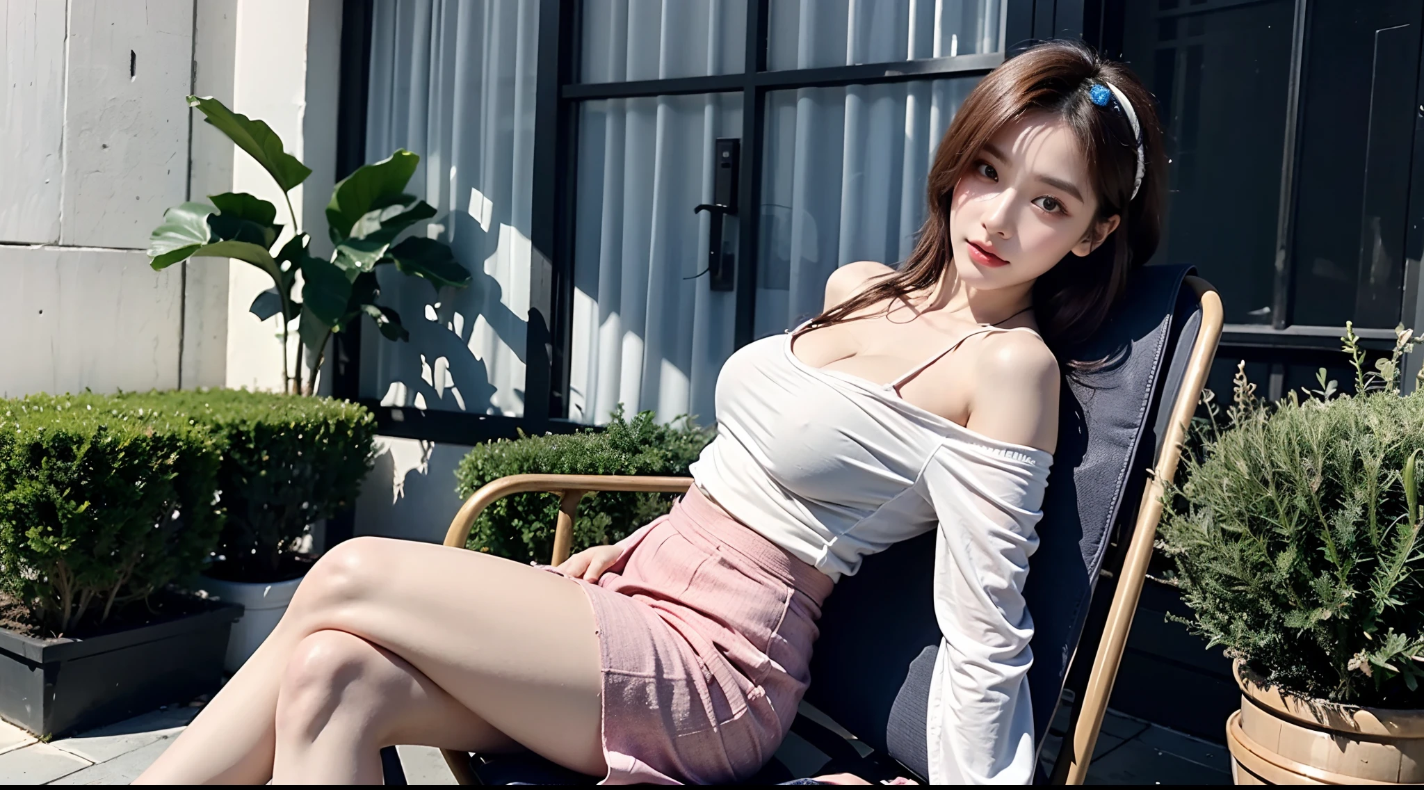 (High-resolution 8K raw photos are realistic,best qualtiy)，Fashion trendy beautiful and charming woman，gentle and charming Chinese beautiful woman，Korea,Kpop idol，delicate and sexy collarbones，charming oval face，二重まぶた，Ingenious[peaches]flower eyes，redish pink lips，small-nose，exposed bare shoulders，focus at face，closeup of face，Hyper-detailing，Blue off-the-shoulder long-sleeved top，White hip wrapped skirt，Light red hair，Background bokeh，cleavage，long leges，(Seven-doppelganger shot，中景 the scene is，Solo：1.4)，Lace，lacing，head gear， Fresh and impressive， natural color，(pedestrian street，cbd,rays of sunshine，outside，LV shoulder bag for women，cellular phone)，Front light，Sitting on the side of the street，deck chair
