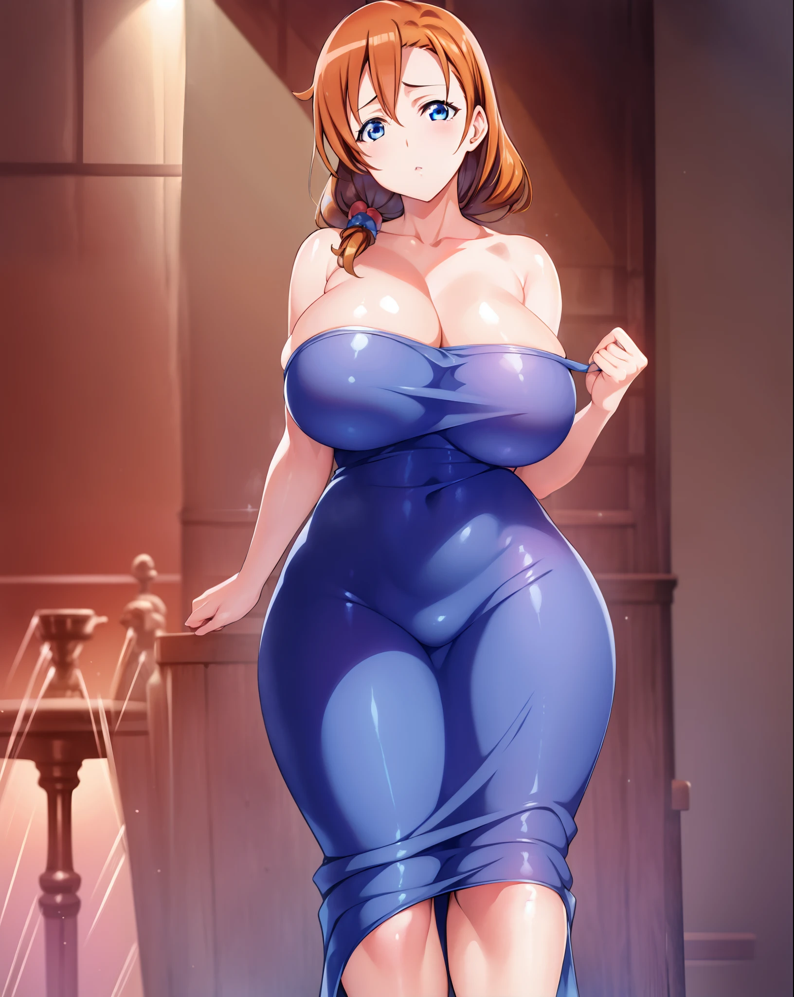 masterpiece, best quality, highres, kousaka honoka, blue eyes, naked, gigantic breasts,milfication ,mature female ,milf,big breasts,gigantic breasts,double \m/,large areolas, standing,in bar