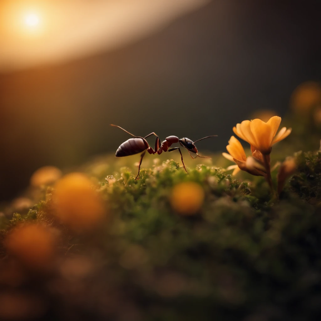 an ant stands on the hill with a beautiful flower