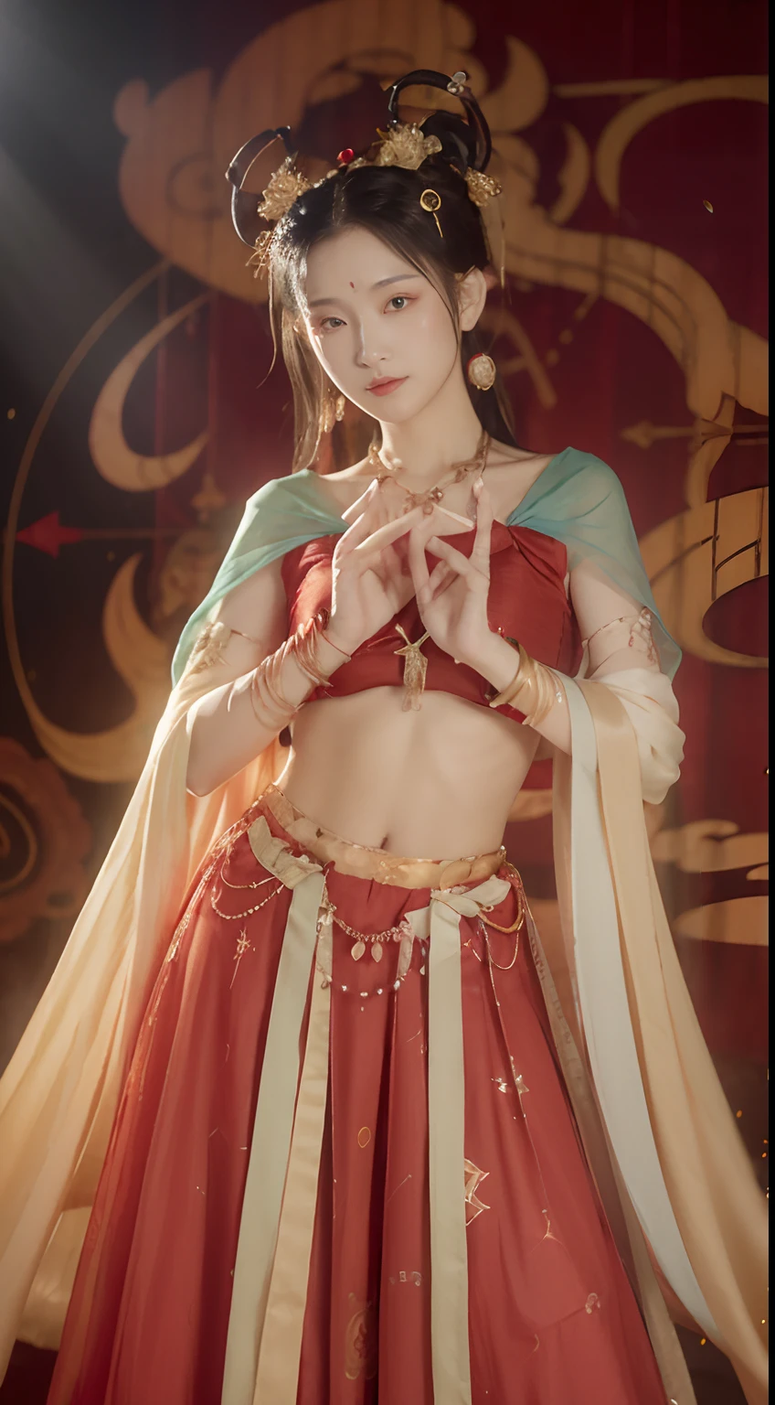 (8k, RAW photo, best quality, masterpiece:1.2), (realistic, photo-realistic:1.4), (extremely detailed CG unity 8k wallpaper), (1 girl:1.5), Western beauty, (Red clothes: 1.4), red spots on forehead, pale skin, blush, big eyes, full body, thighs, open navel, gold waist chain, gold jewelry, flying ribbons, particles, background is Loulan ancient city, ancient city wall, desert, dance, dunhuang_dress, dunhuang_style,