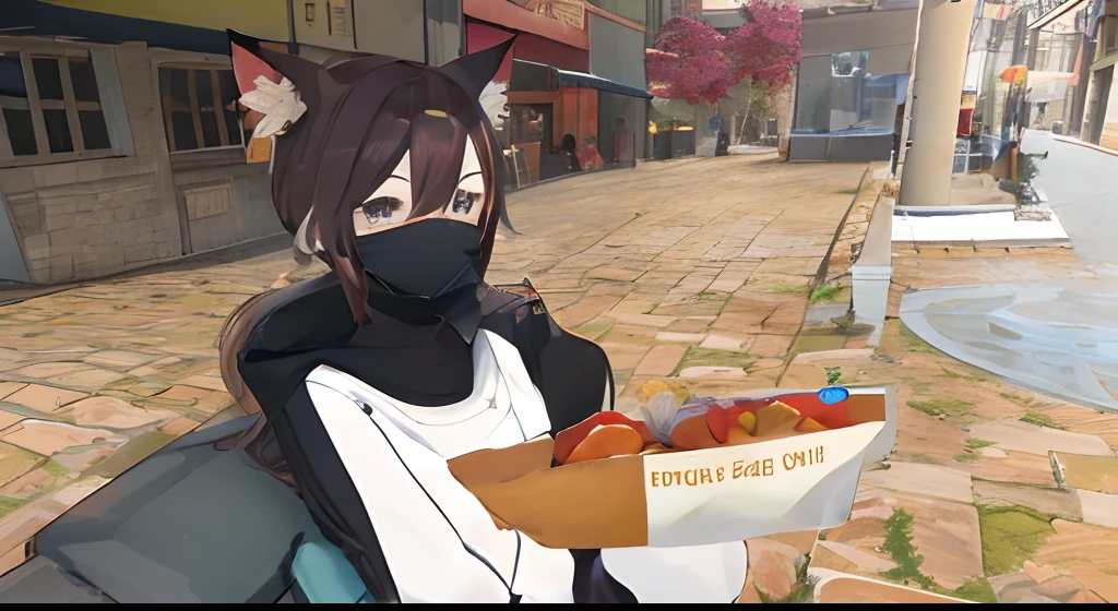 anime character holding a hot dog in a city square, vrchat, holding a baguette, with kitsune mask, in game, restaurant!, in front of ramen shop, hi - res scan, hi-res scan, rin, in-game, in - game, restaurant!!, mysterious coffee shop girl, wearing a kitsune mask, sitting in a cafe