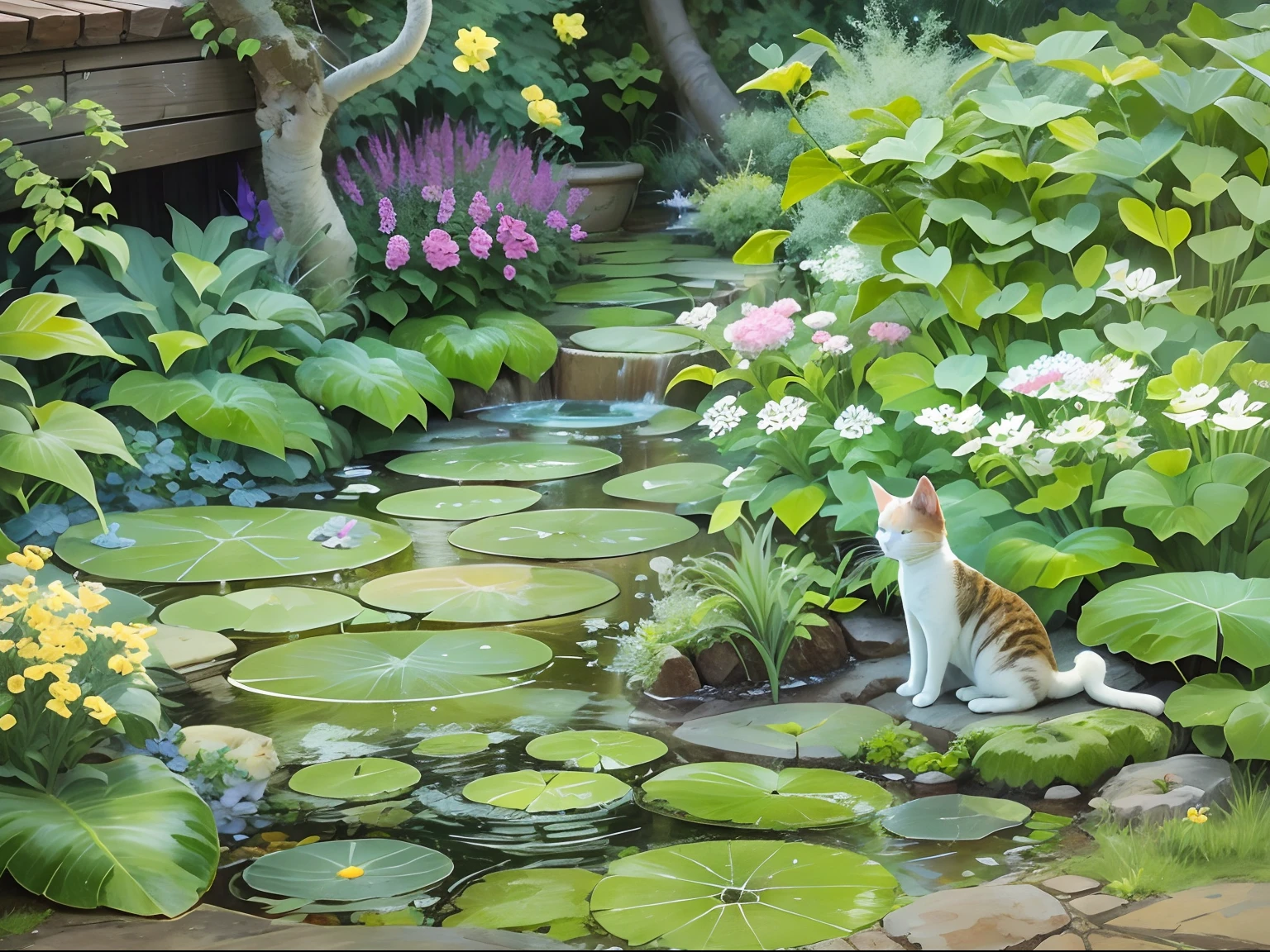 Little white cat in the garden, The garden has a fountain.