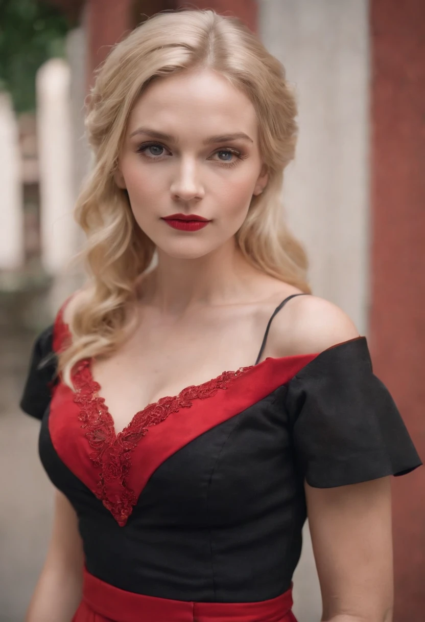 a blonde woman dressed in a black outfit and a red dress, in the style of manapunk, vibrant and textured, candid photography, orange, northwest school, elsie driggs, loish