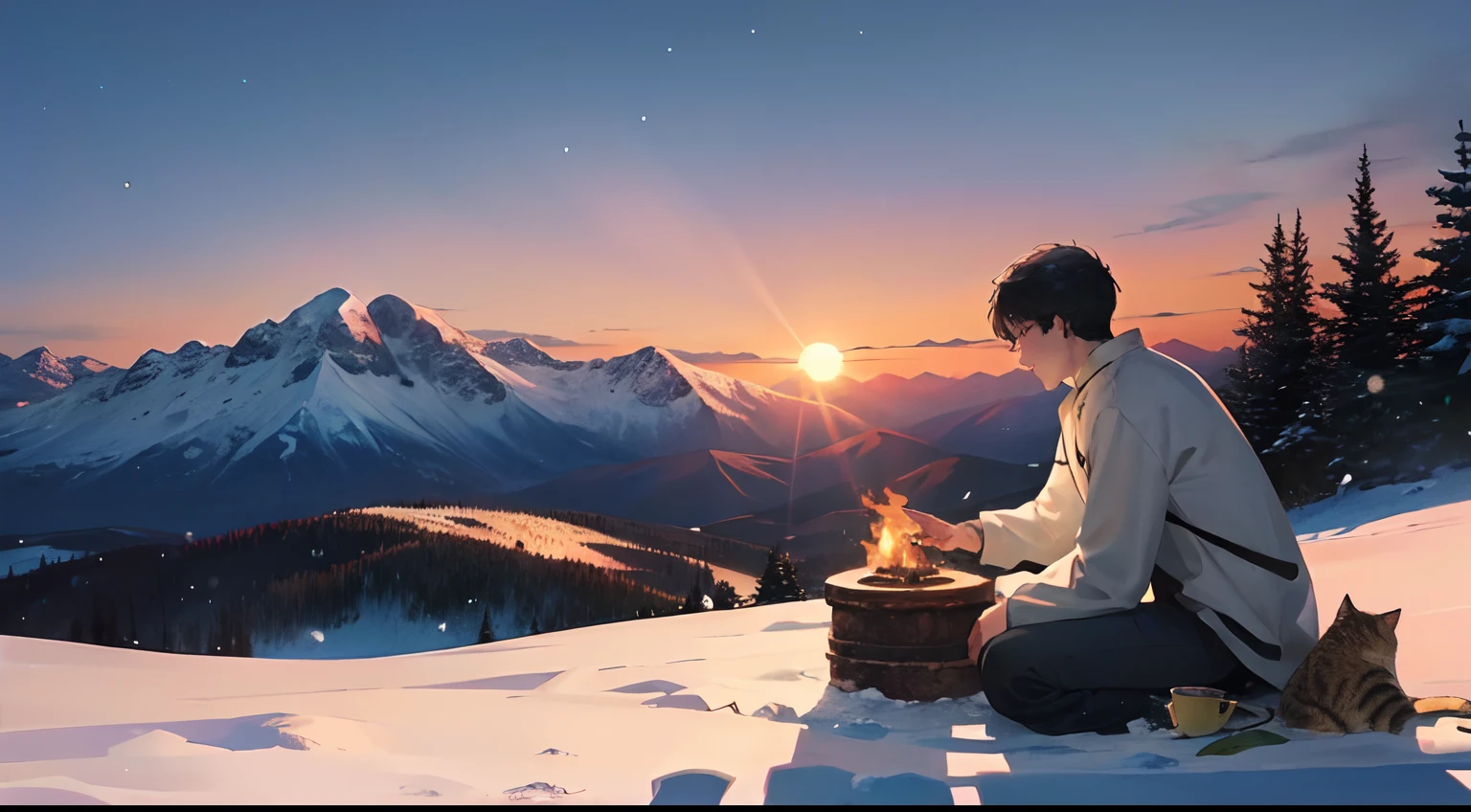 The brazier flickered on and off,I saw the ring-shaped mountain,
snow field,Surrounded by mountain shadows,The sun in the twilight,
Lots of fireflies。A cat napping,
I stretched out my hand,He ran past me。
