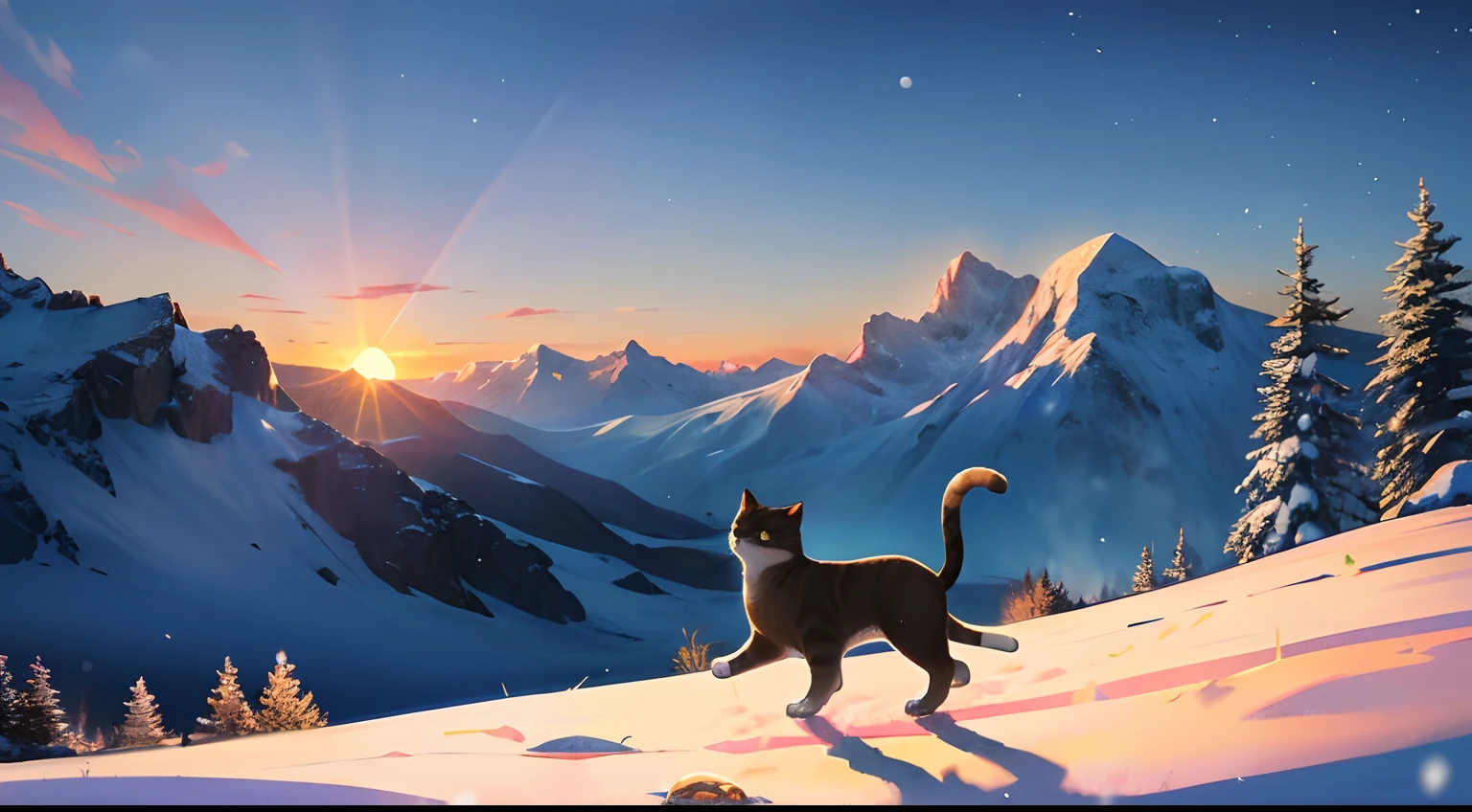 The brazier flickered on and off,I saw the ring-shaped mountain,
snow field,Surrounded by mountain shadows,The sun in the twilight,
Lots of fireflies。A cat napping,
I stretched out my hand,He ran past me。