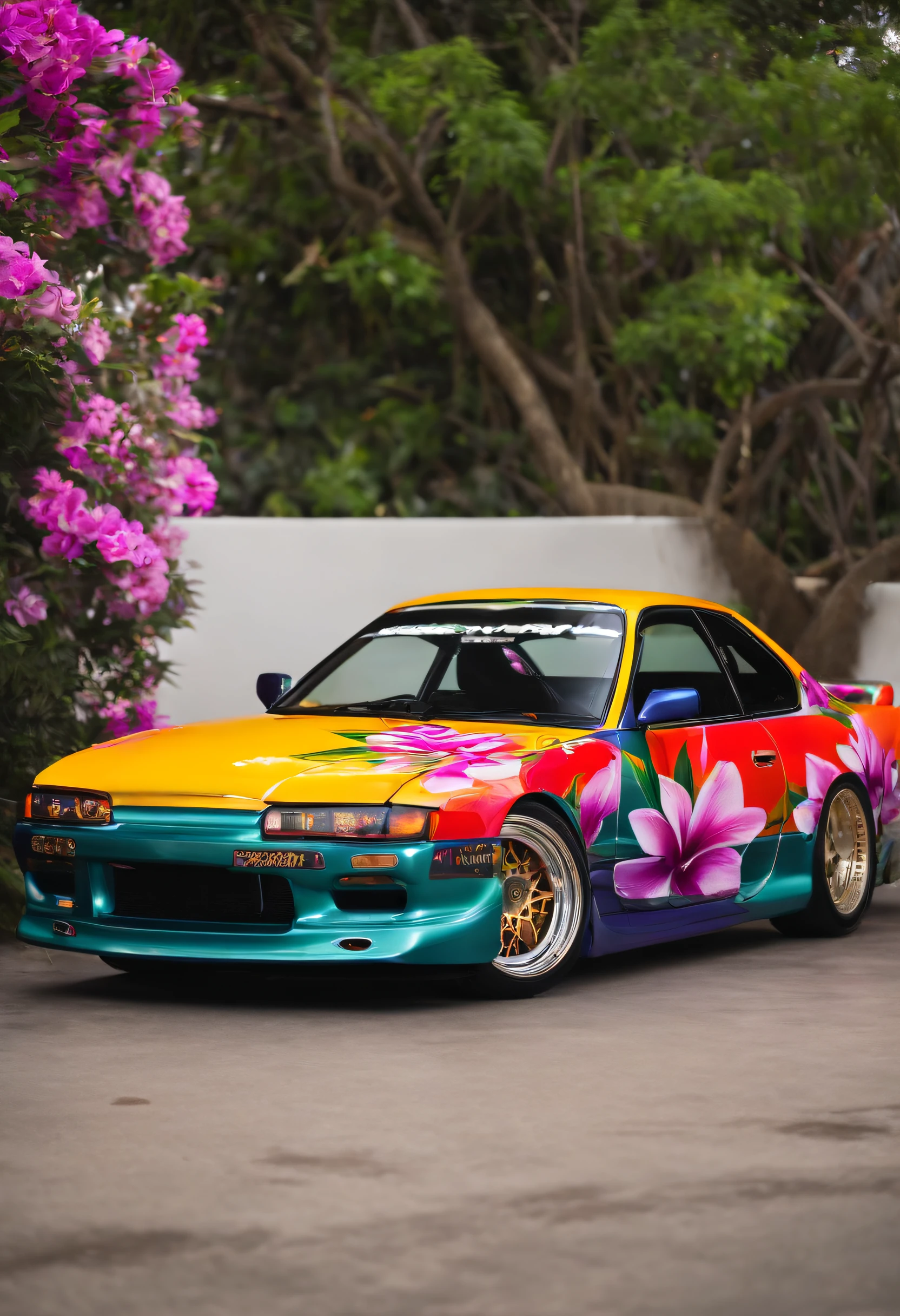 Nissan Silvia wrapped in plumeria decals on the side door