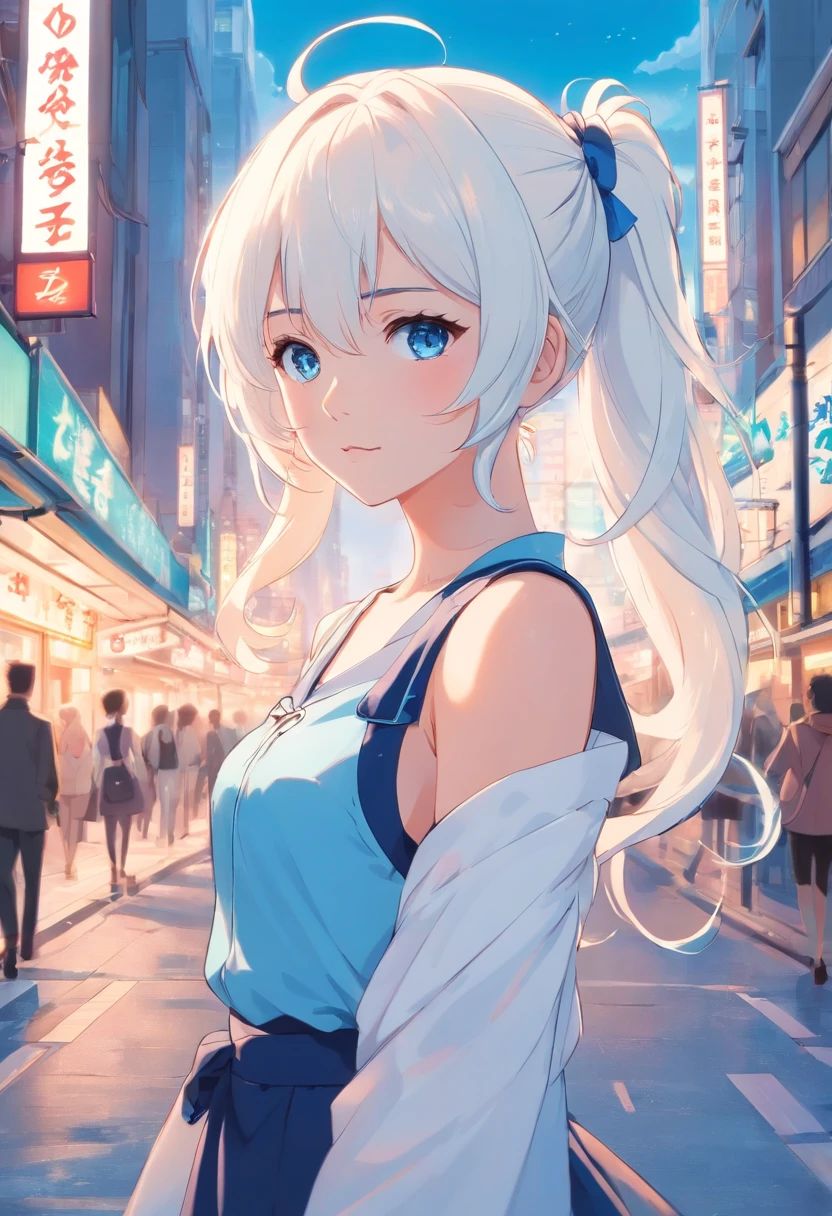 White color hair,Double ponytail curls,blue color eyes,White Lolita,Beth,A bustling city street