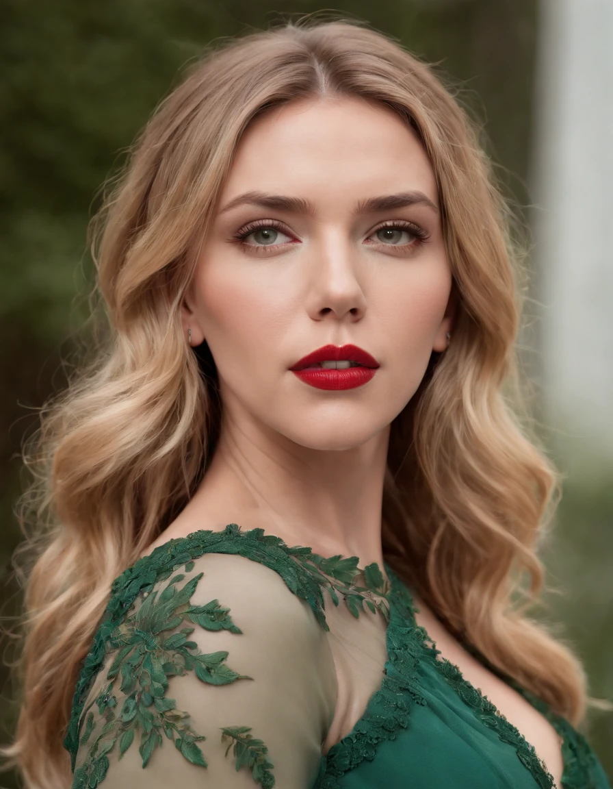 (Scarlett Johansson) photo of a stunning beautiful woman in the cover of a fashion magazine, long messy windy blonde hair, green eyes, (magazine style:1.3), modelshoot style, (extremely detailed CG unity 8k wallpaper), photo of the most beautiful artwork in the world, Intricate, High Detail, Sharp focus, (sexy shiny red dress:1.1), (looking at viewer), (detailed pupils:1.3), (modern outfit:1.2), (closeup), red lips, (earrings), (fashion magazine)