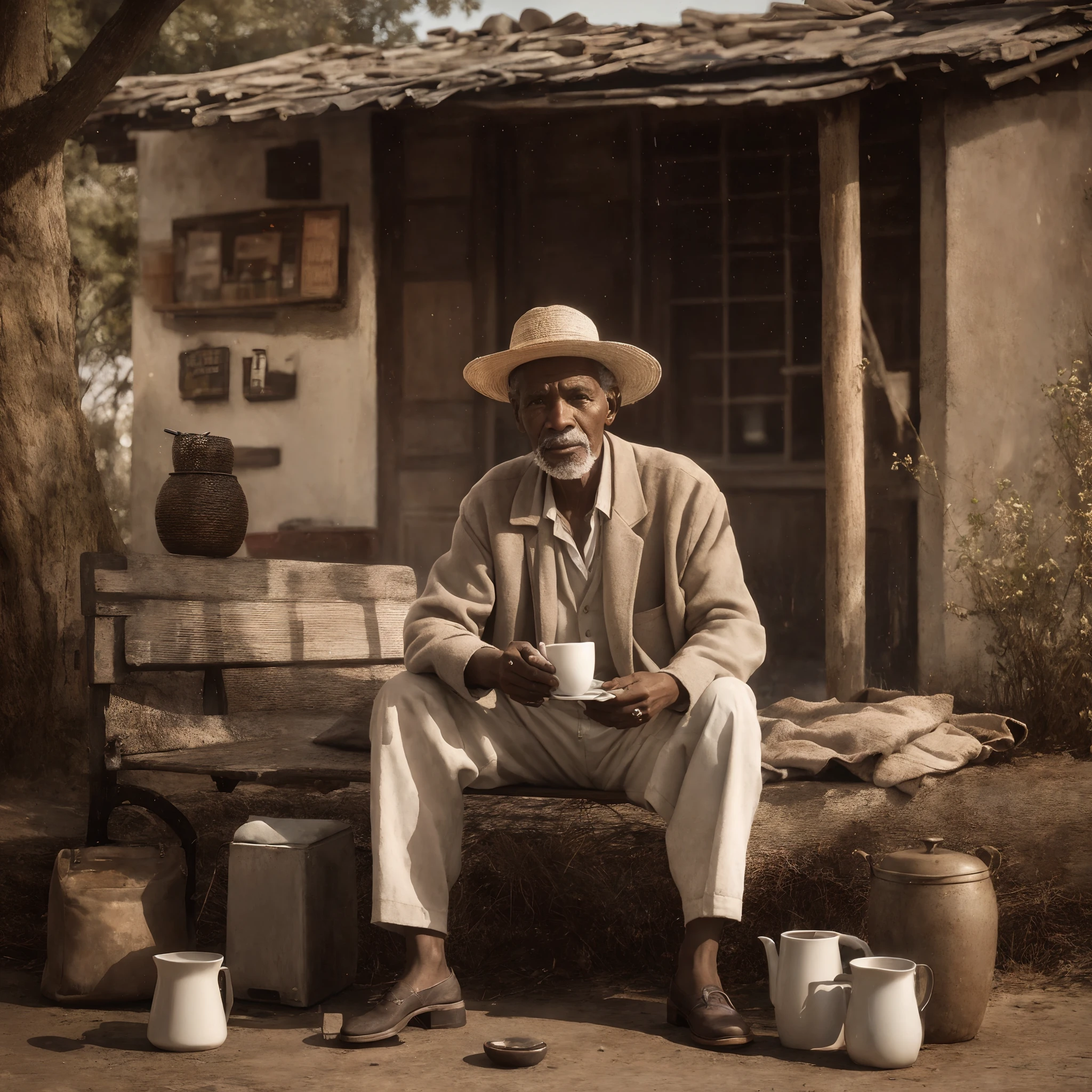 There's a man sitting on a bench with a cup of coffee, Directed by: Matthias Weischer, Directed by: Etienne Delessert, Directed by: William Berra, Directed by: Daniel Gelon, Directed by: Edwin Georgi, old man, afternoon time, homem bonito, beautiful man, Retrato de um velho, Homem africano, por John Alexander, portrait of morning coffee, Directed by: Jan Kupecky
