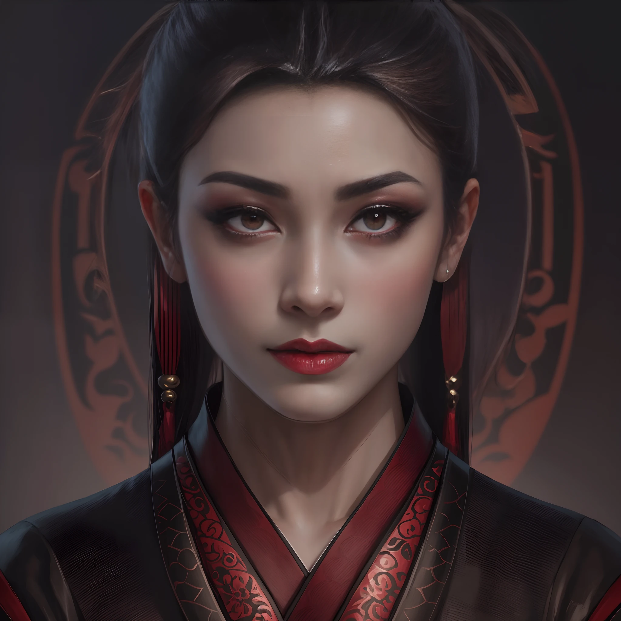 There's a gothic vampire woman, com um vestido vermelho e cabelo preto, Detailed face of an Asian vampire girl, Retrato de Mulan, stunning digital illustration, Portrait of a beautiful demonic geisha, Retrato da gueixa, retrato impressionante do rosto do anime, exquisite digital illustration, a beautiful artwork illustration, retrato da mulher do anime, mulher oriental bonita, Princess of the Ancient Asian Dynasty, Imperatriz chinesa, Princesa chinesa antiga.