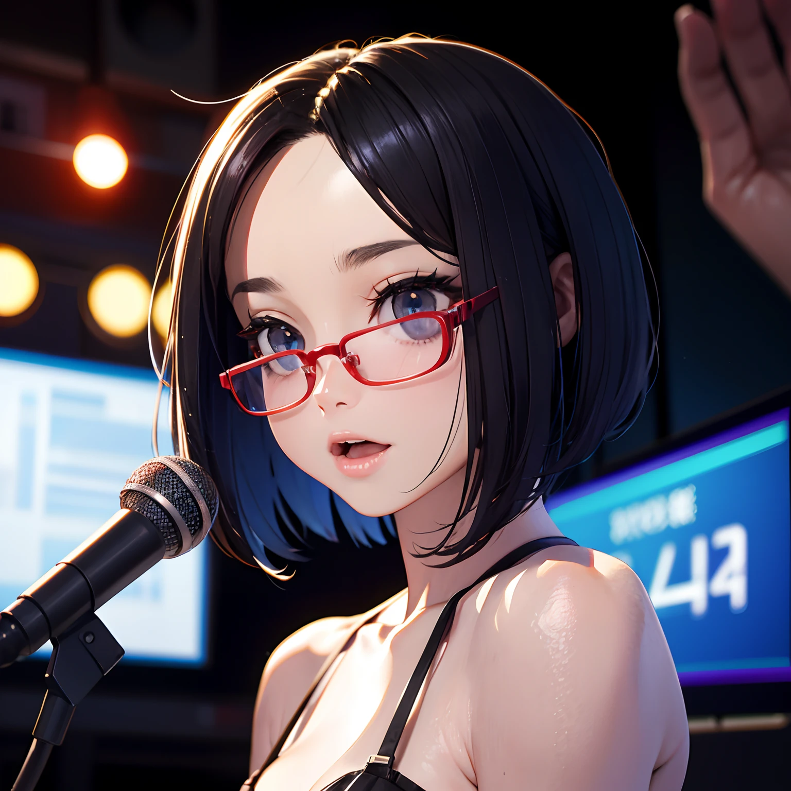FM Radio Studio Stations, Blue-gray eyes、Straight hair、Shorthair、Forehead、sharp eye、Red glasses, Speak into the microphone, Realistic, Full-HD, 。.。.3D, 4K