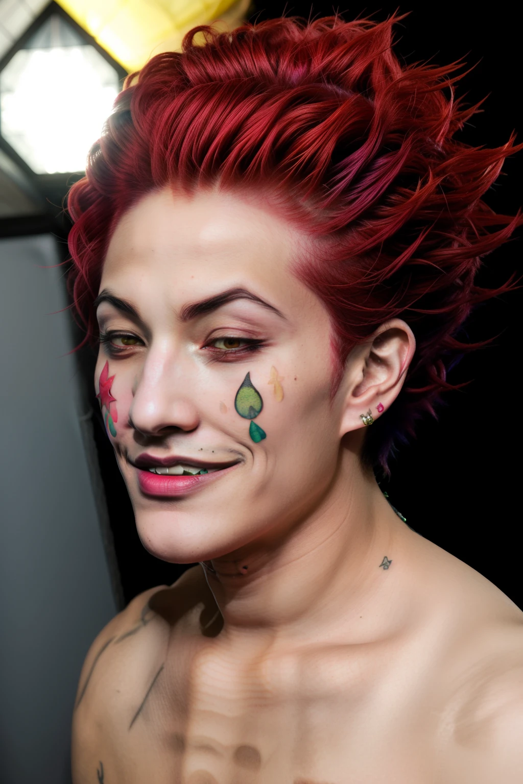 Hisoka from hunter x hunter, pink hair, yellow star tattoo on left cheek, teardrop tattoo on right cheek, evil grin