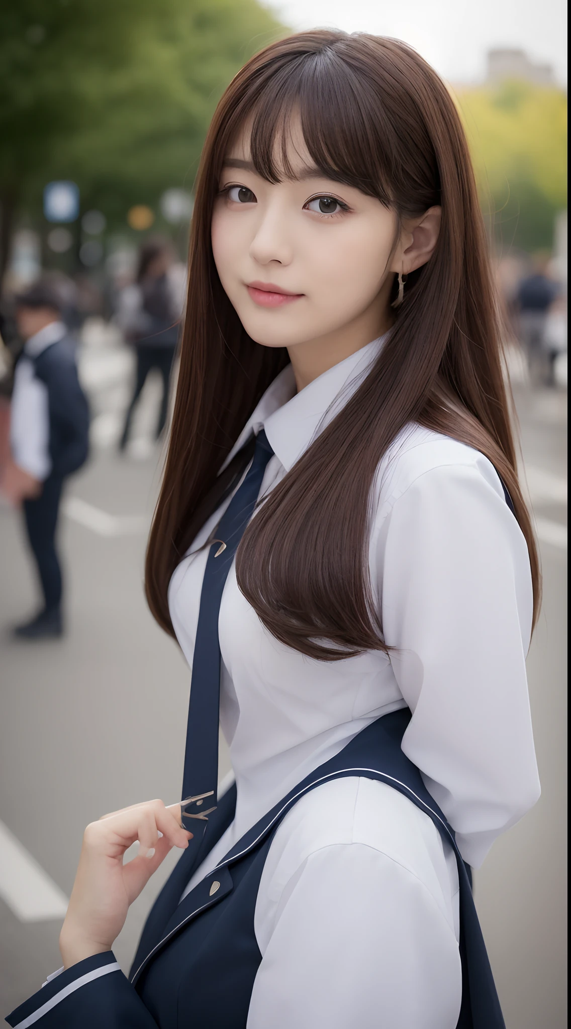 ((top-quality、8k、​masterpiece：1.3))、foco nítido：1.2、Beautiful Women in Perfect Style：1.4、Slender abs：1.2、((Dark brown hair、huge ???：1.2))、(natural soft light、City Street:1.1)、Highly detailed facial and skin texture、A detailed eye、二重まぶた、Uniform Cosplay、Female, 24 years old