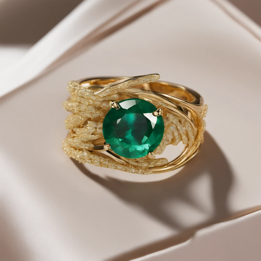 assymetrical silk emerald ring, Hollow, High Polished and matte 18k gold