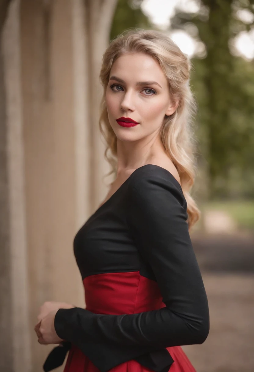 a blonde woman dressed in a black outfit and a red dress, in the style of manapunk, vibrant and textured, candid photography, orange, northwest school, elsie driggs, loish,upper body