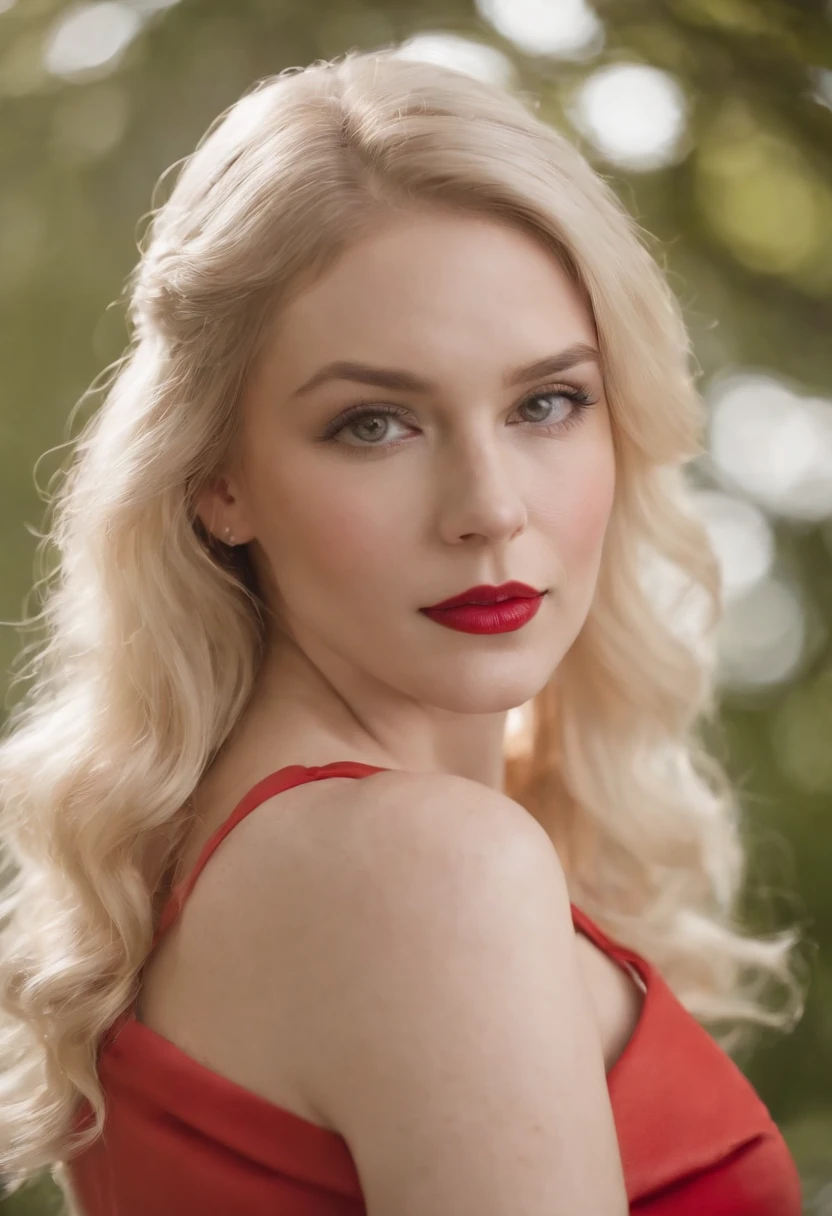 a blonde woman dressed in a black outfit and a red dress, in the style of manapunk, vibrant and textured, candid photography, orange, northwest school, elsie driggs, loish,upper body