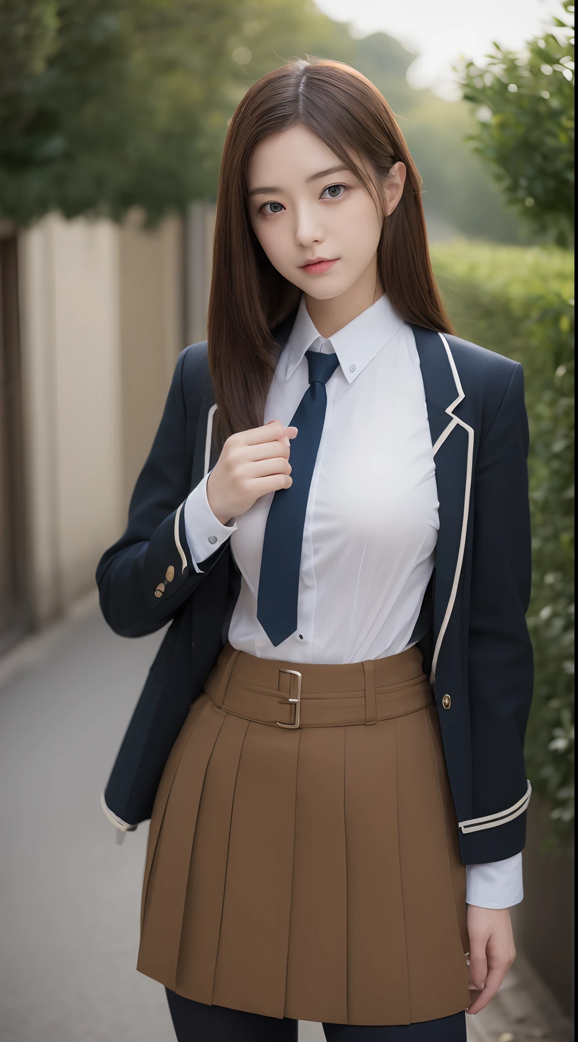 ((top-quality、8k、masterpiece:1.3))、foco nítido:1.2、Beautiful Women in Perfect Style:1.4、Slender abs:1.2、((Dark brown hair、huge tit:1.2))、(natural soft light、City Street:1.1)、Highly detailed facial and skin texture、A detailed eye、二重まぶた、Uniform Cosplay、Female, 24 years old