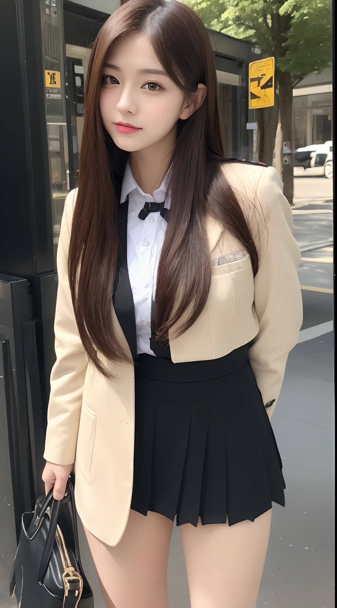 ((top-quality、8k、​masterpiece：1.3))、foco nítido：1.2、Beautiful Women in Perfect Style：1.4、Slender abs：1.2、((Dark brown hair、huge tit：1.2))、(natural soft light、City Street:1.1)、Highly detailed facial and skin texture、A detailed eye、二重まぶた、Uniform Cosplay、Female, 24 years old