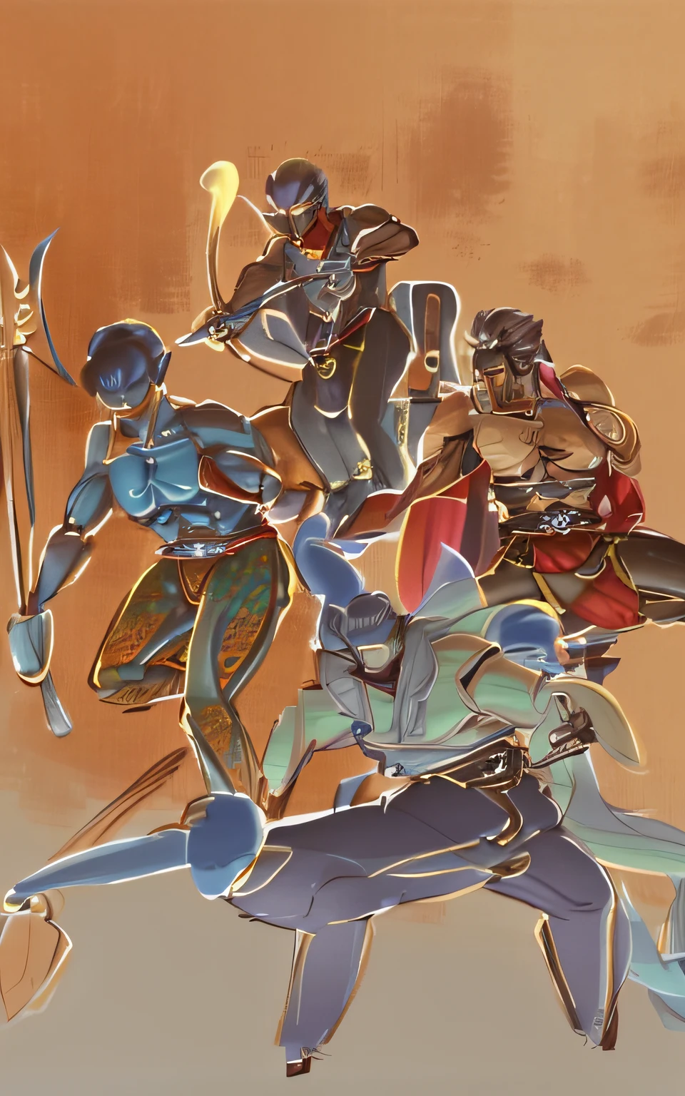 most strongest pose, a variety of poses, various action pose, a variety of poses,, Multiple poses, many arms, various bending poses, , posing for a fight intricate, Strange posture, neutral pose, heroically battle posing, muscular features, Lü Bu,Guan yu,zhangfei,Liu Bei,Three Kingdoms characters