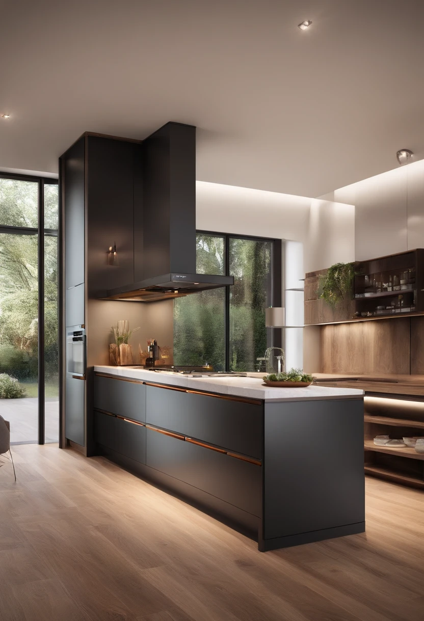 modern kitchen,Gorgeous renovation,refrigerator,cupboard,Wide scene,in a panoramic view,From the outside, hyper HD, High details