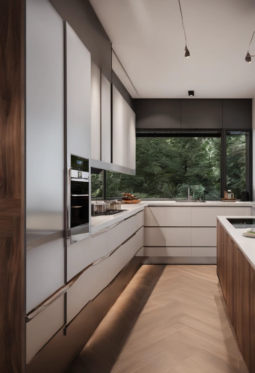 modern kitchen,Gorgeous renovation,refrigerator,cupboard,Wide scene,in a panoramic view,From the outside, hyper HD, High details