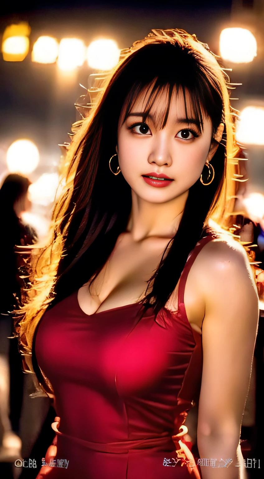 top-quality。8K-Picture。Ultra-high pixel。The background is the city at night。girl with。hair is long and slightly wavy,,,,,,,,,,,,,,,,,,,,,,,,,,,,,,,,,,,,,,,,,,,,,,,,,,,,,,,,,,,,,,,,,,,,,,,,,,,,,,,,,,,,,,,,,,,,,,,,,,,。The color is dark brown。Glamour style、((huge-breasted:1.8))。wearing red dress、Photos dancing brilliantly。Delicate finish overall。The body line is gorgeous。legs are long、Wear red high heels。((Hair shines like a reflection of the street。The eyeball reflects the surrounding landscape。The skin is wet with night dew))。Almost perfect woman。((time々In close-up of the upper body))。The second highlighted part々I want you to express it in close-ups。