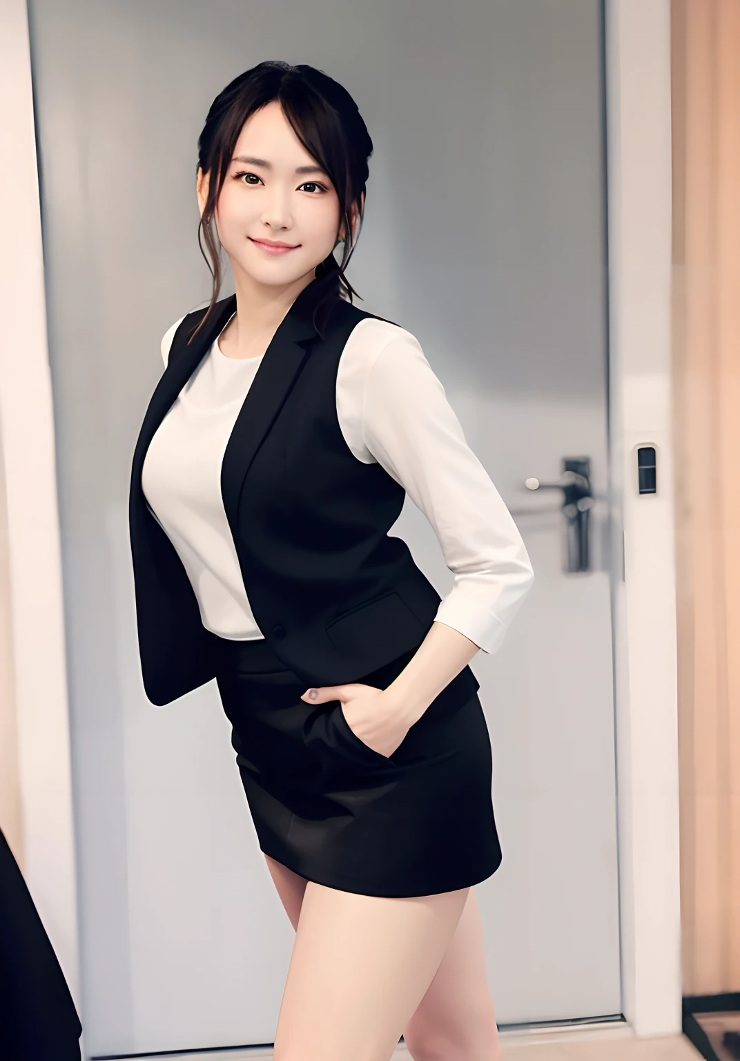 rialistic photo、Top image quality、arafed asian woman in a black and white dress posing for a picture, Ultra mini skirt、flaxen ponytail、summer clothing、Summer clothes OL、Sexy ass、Girl in suit, Girl in a suit, wearing a business suit, Wearing a business suit, elegant japanese woman, Wearing a strict business suit, wearing black business suit, Wearing a black vest and super mini skirt, business clothes, in a business suit, businesswoman, deayami kojima, Office Clothes