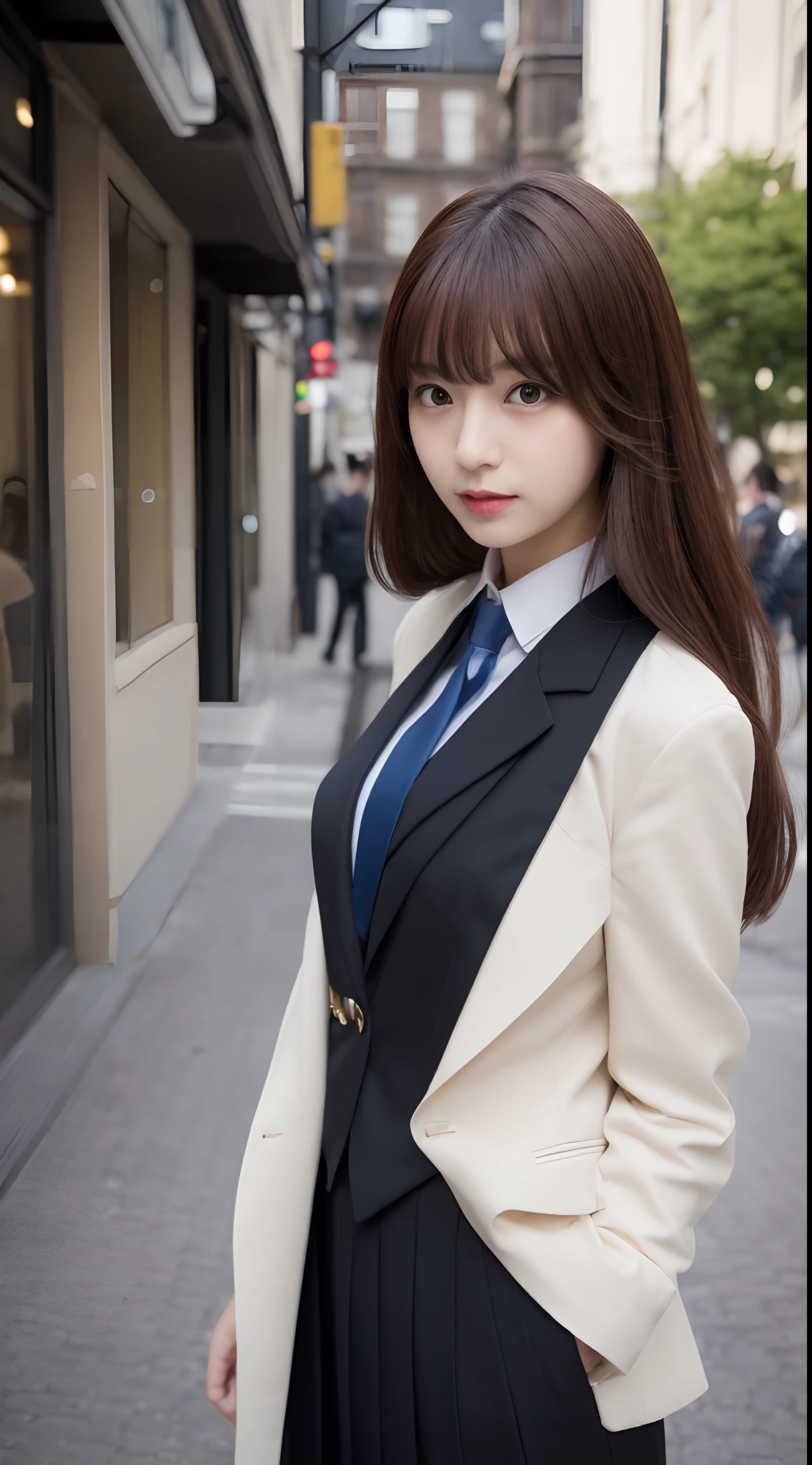 ((top-quality、8k、masterpiece:1.3))、foco nítido:1.2、Beautiful Women in Perfect Style:1.4、Slender abs:1.2、((Dark brown hair、huge tit:1.2))、(natural soft light、City Street:1.1)、Highly detailed facial and skin texture、A detailed eye、二重まぶた、Uniform Cosplay、Female, 24 years old