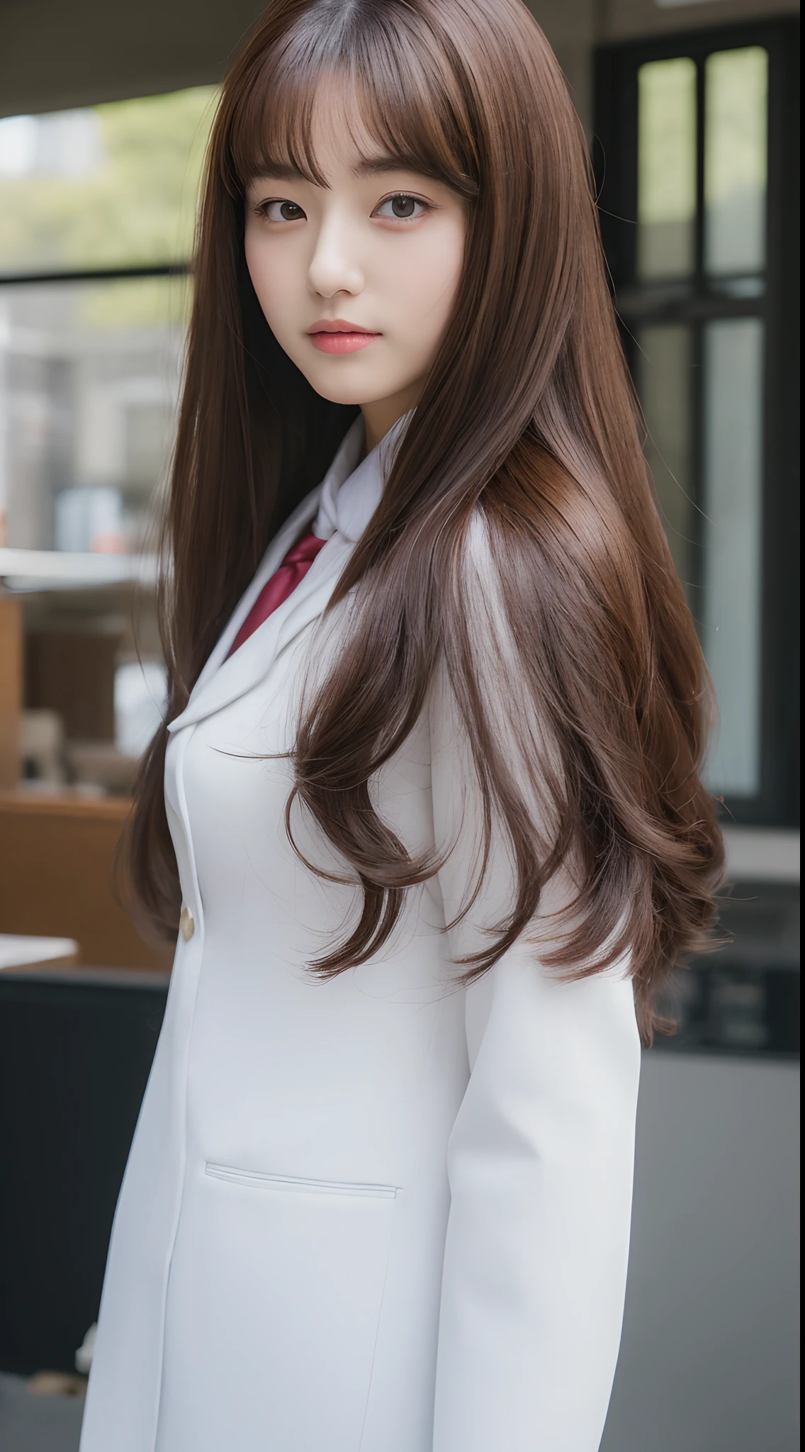 ((top-quality、8k、masterpiece:1.3))、foco nítido:1.2、Beautiful Women in Perfect Style:1.4、Slender abs:1.2、((Dark brown hair、huge tit:1.2))、(natural soft light、City Street:1.1)、Highly detailed facial and skin texture、A detailed eye、二重まぶた、Uniform Cosplay、Female, 24 years old