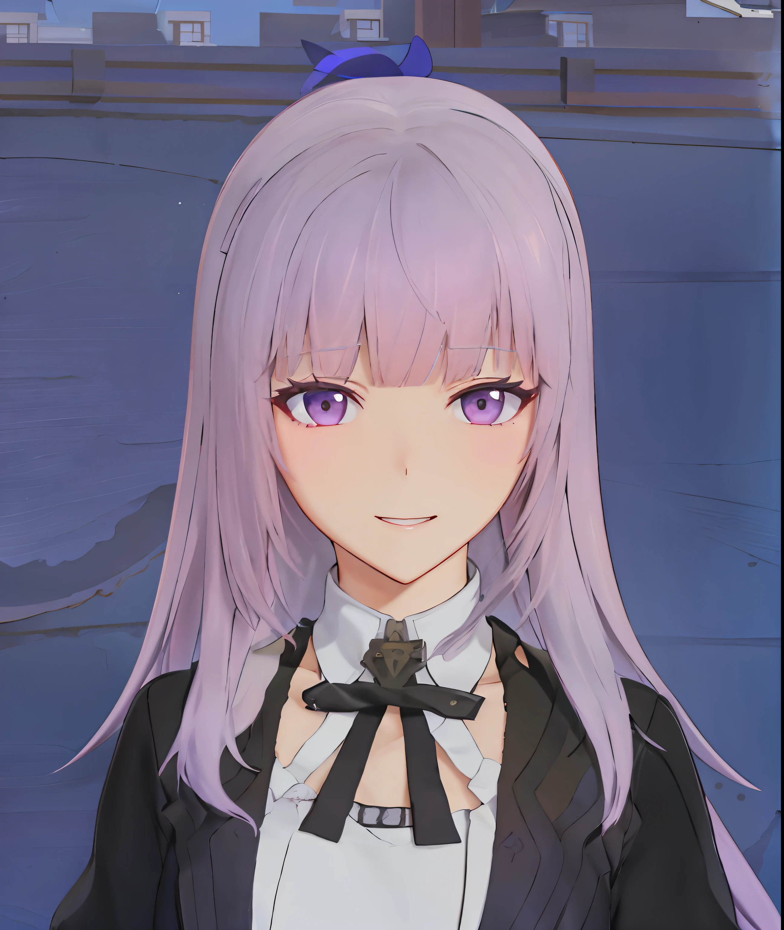 Garota anime com cabelo longo e olhos roxos, sombrancelha, standing in front of a building, Ou impacto de Ayaka Genshin, Fazer videogame Azur Lane, ligeiramente sorridente, Modelo Live2D Virtual Youtuber, Personagem close up, Personagem de close up, close up de uma jovem garota de anime, personagem principal, muito ligeiramente sorridente, Sorriso roguish, Estilo de pista Azur