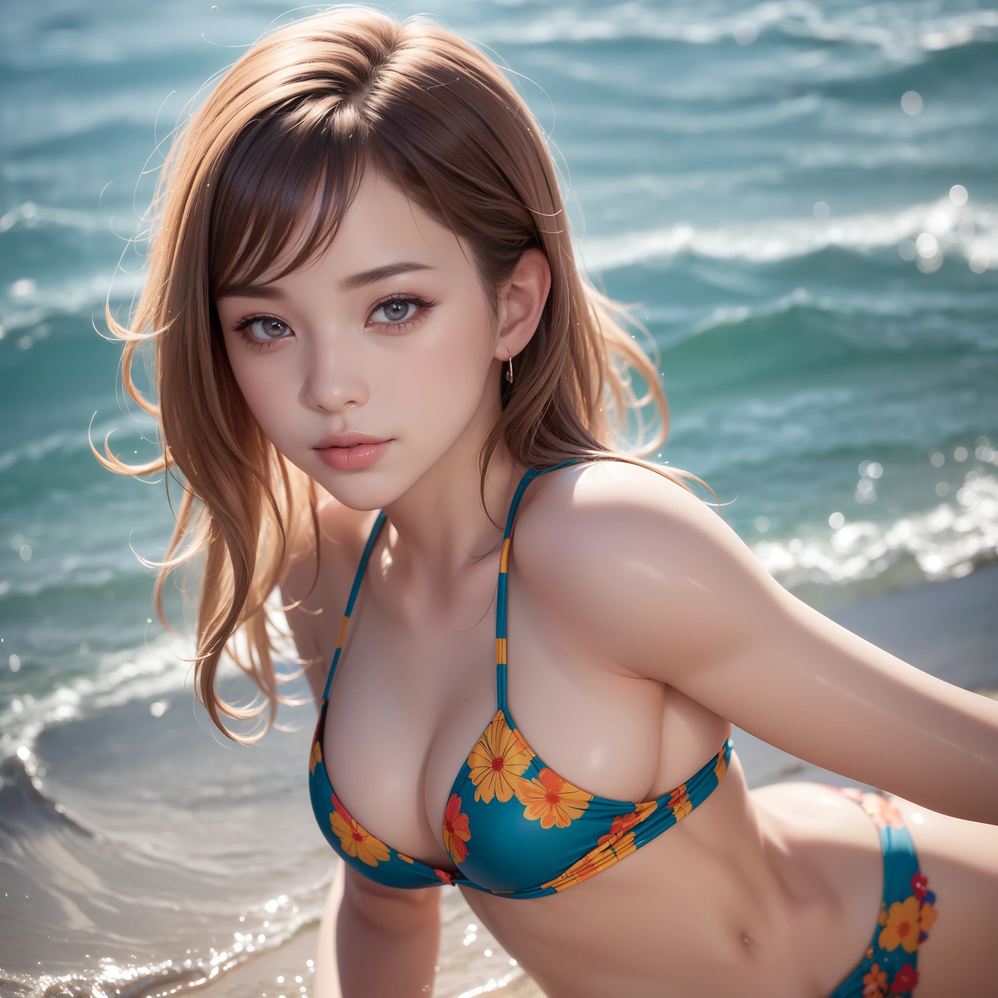 Photorealistic: 1.5, Summer Sea, Great smile, Colorful Swimwear Wear, Upper body:1.5, Chest pressed together, bending forward:1.5, Looking Up:1.7, Korea person, drooping eyes: 1.3, Perfect proportions, Portrait, ((Nikon Student) (Photo)) (8K, FujifilmXT3, masutepiece, ((Real Skin)) (No retouching, Lip gloss, False eyelashes, Real Skin, Highest Quality, Ultra-high resolution, depth of fields, chromatic abberation, Caustics) , Wide Lighting, Natural Shading))