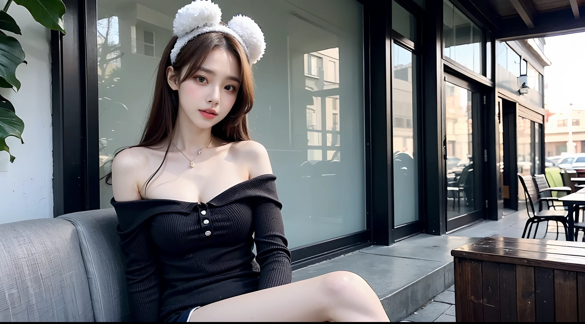 (High-resolution 8K raw photos are realistic,best qualtiy)，Fashion trendy beautiful and charming woman，gentle and charming Chinese beautiful woman，Korea,Kpop idol，delicate and sexy collarbones，charming oval face，二重まぶた，Ingenious[peaches]flower eyes，redish pink lips，small-nose，exposed bare shoulders，focus at face，closeup of face，Hyper-detailing，Blue off-the-shoulder long-sleeved top，White hip wrapped skirt，Light red hair，Background bokeh，cleavage，long leges，(Seven-doppelganger shot，中景 the scene is，Solo：1.4)，Lace，lacing，head gear， Fresh and impressive， natural color，(pedestrian street，cbd,rays of sunshine，outside，LV shoulder bag for women，cellular phone)，Front light，Sitting on the side of the street，deck chair
