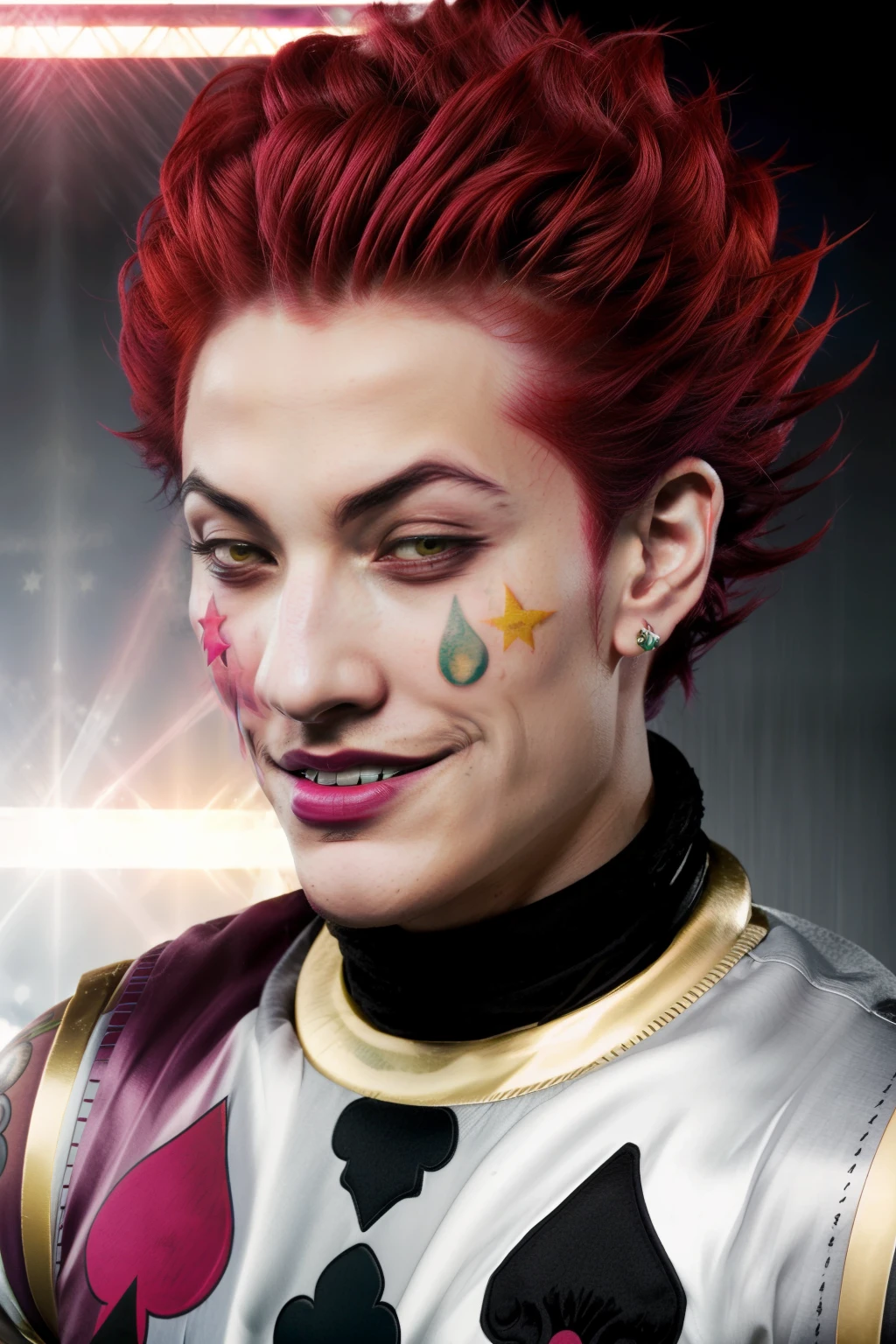 Hisoka from hunter x hunter, pink hair, yellow star tattoo on left cheek, teardrop tattoo on right cheek, evil grin