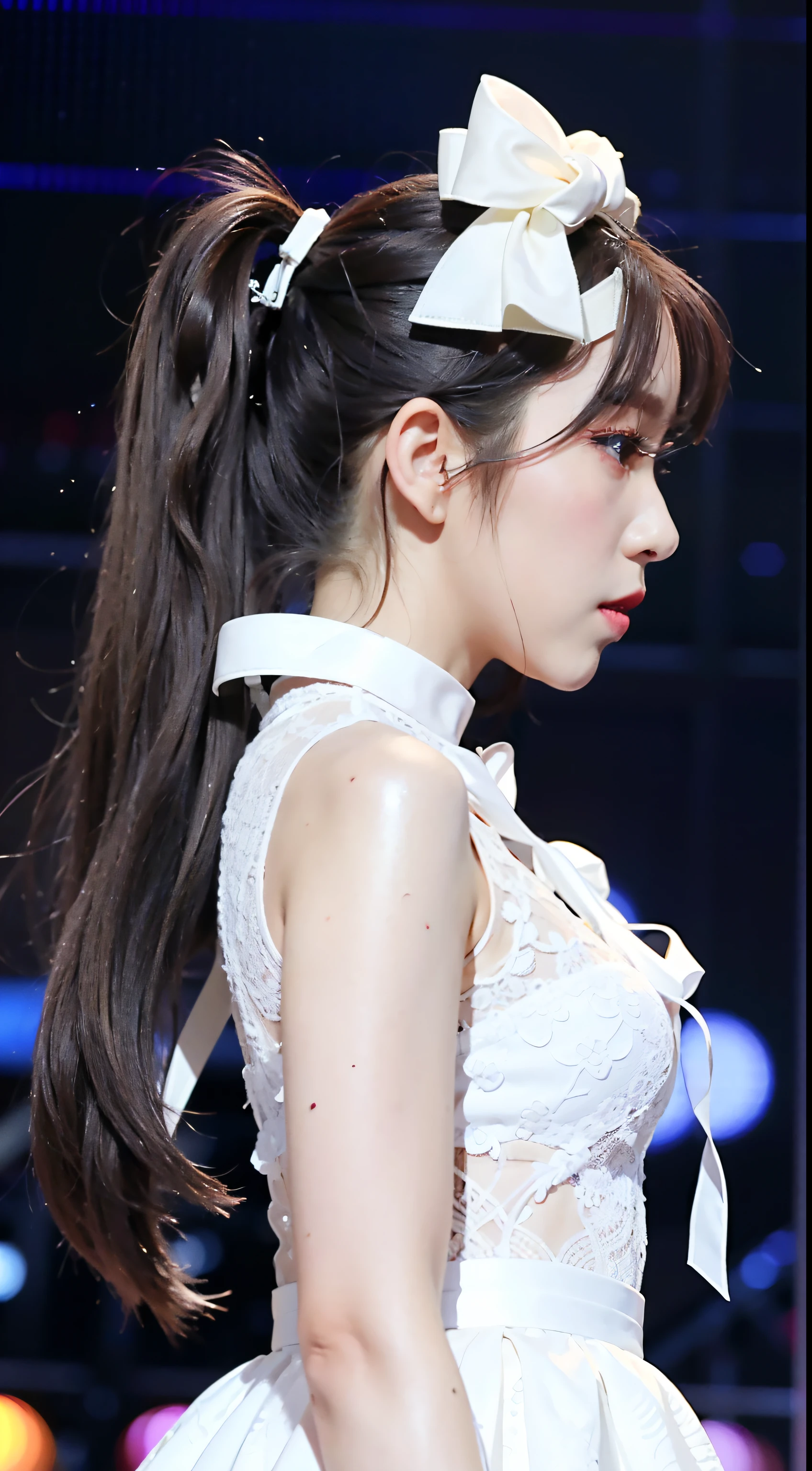 wears a white dress，Araved woman with a white bow in her hair, iu, the sideview, IU, portrait jisoo blackpink, shaxi, the sideview, side - view, jisoo of blackpink, IU is from Tomoh-so of Black Fan, iu, Lee Ji-eun, lee ji eun, iu